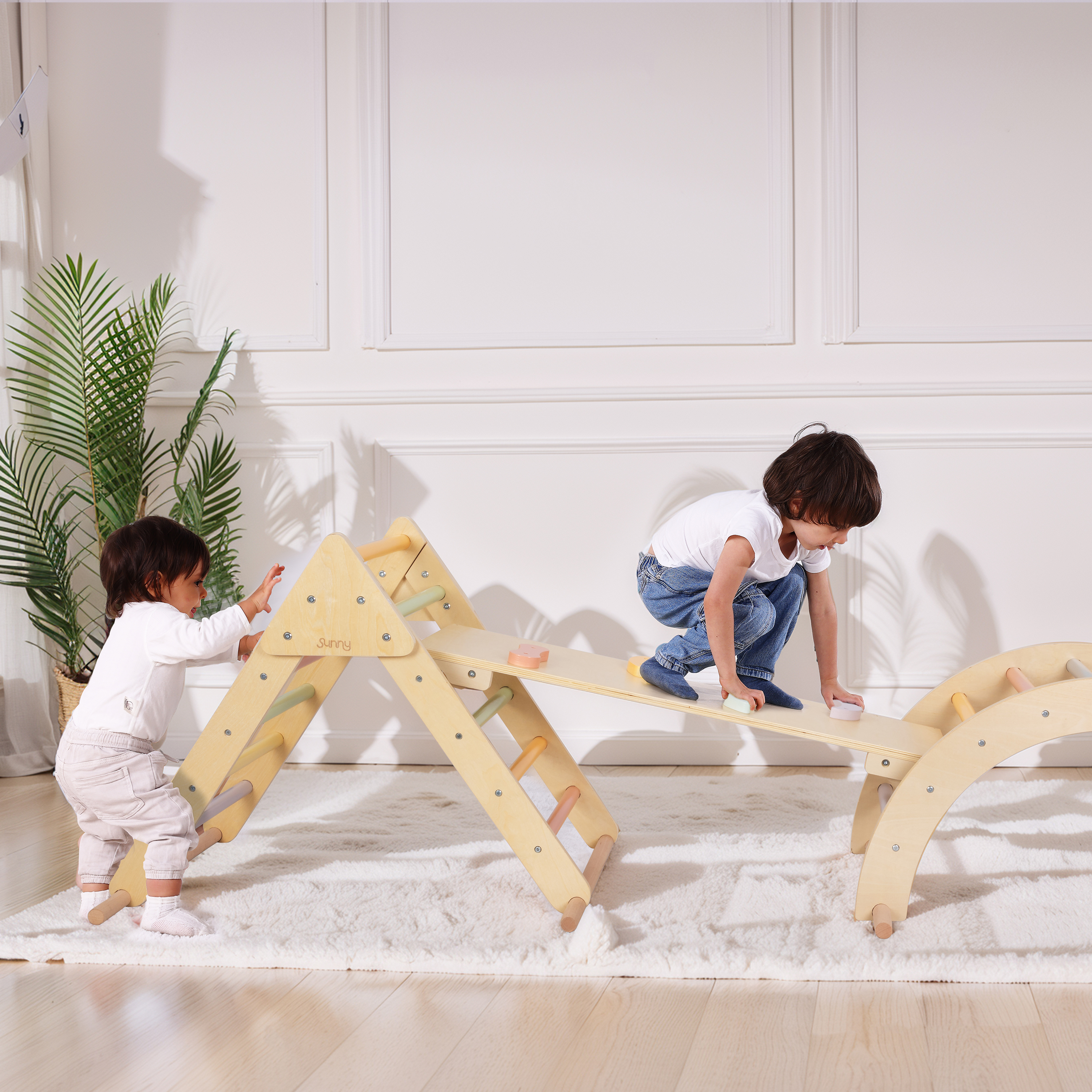 Sunny Charlie 3-in-1 Wooden Climbing Triangle with Climbing Wall and Rocker - Pastel