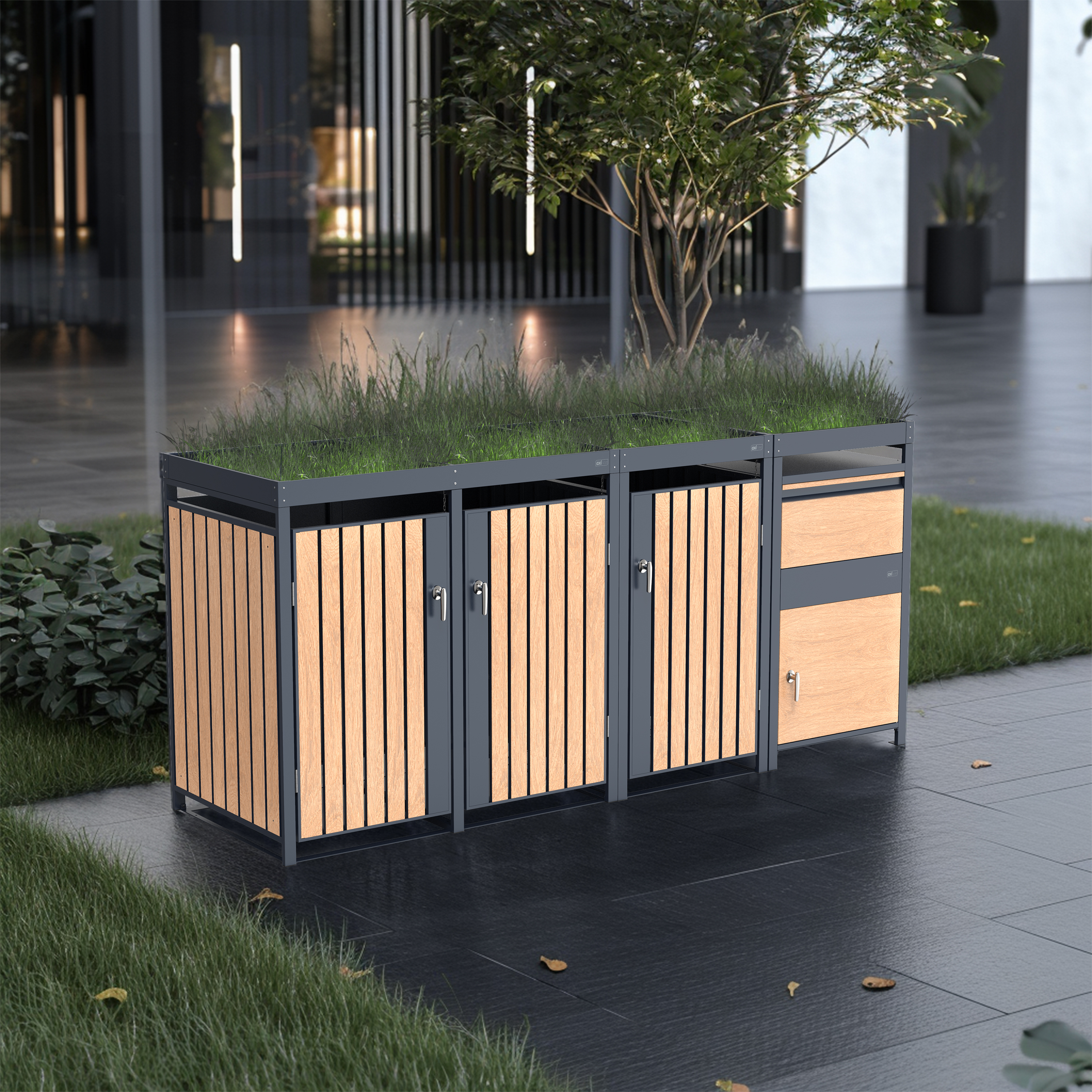 AXI Leon Bin Storage with Louis Parcel Postbox Anthracite/Wood Look – 3 Garbage Bins