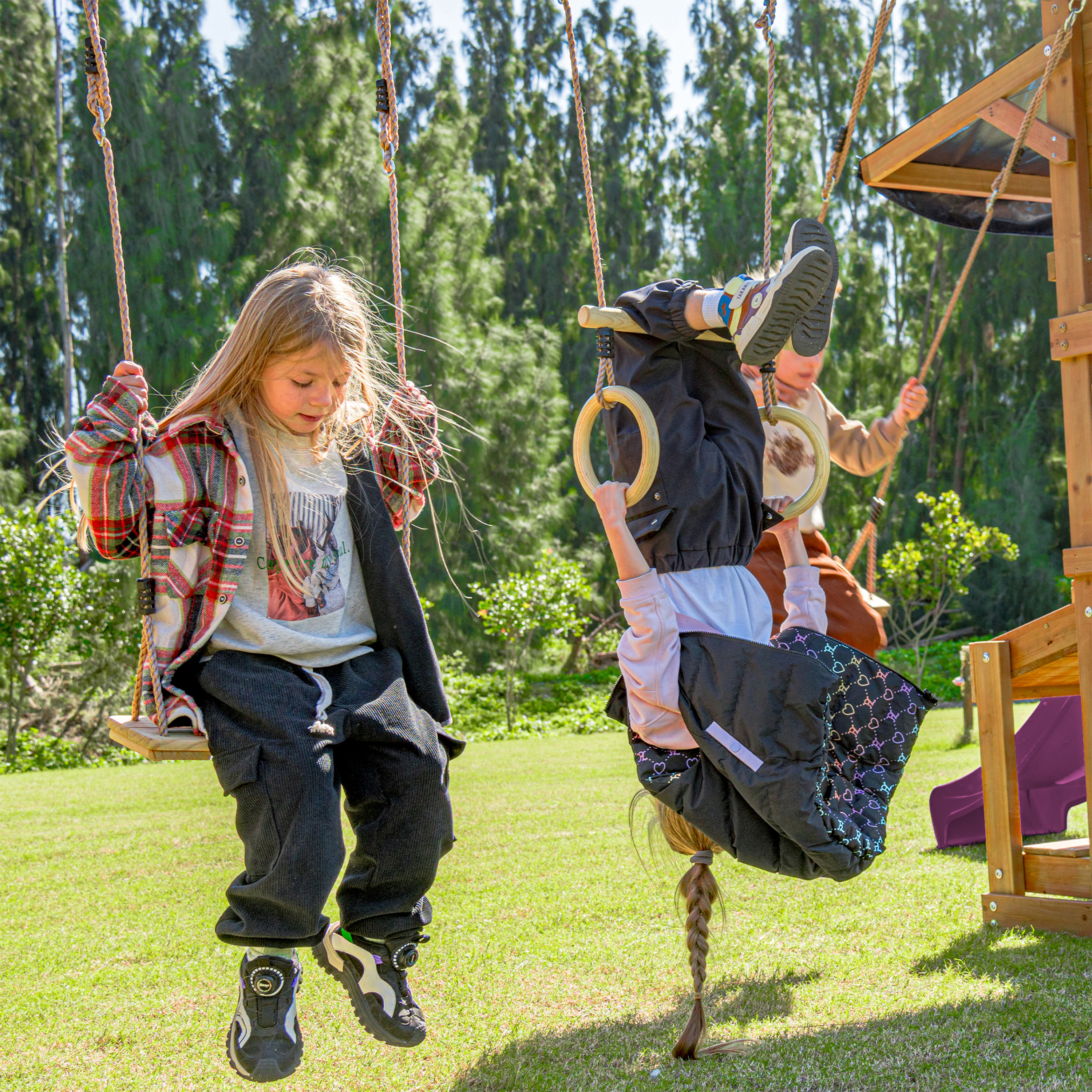 AXI Mitch Climbing Frame with Double Swing, Trapeze and Lookout Tower – Purple Slide