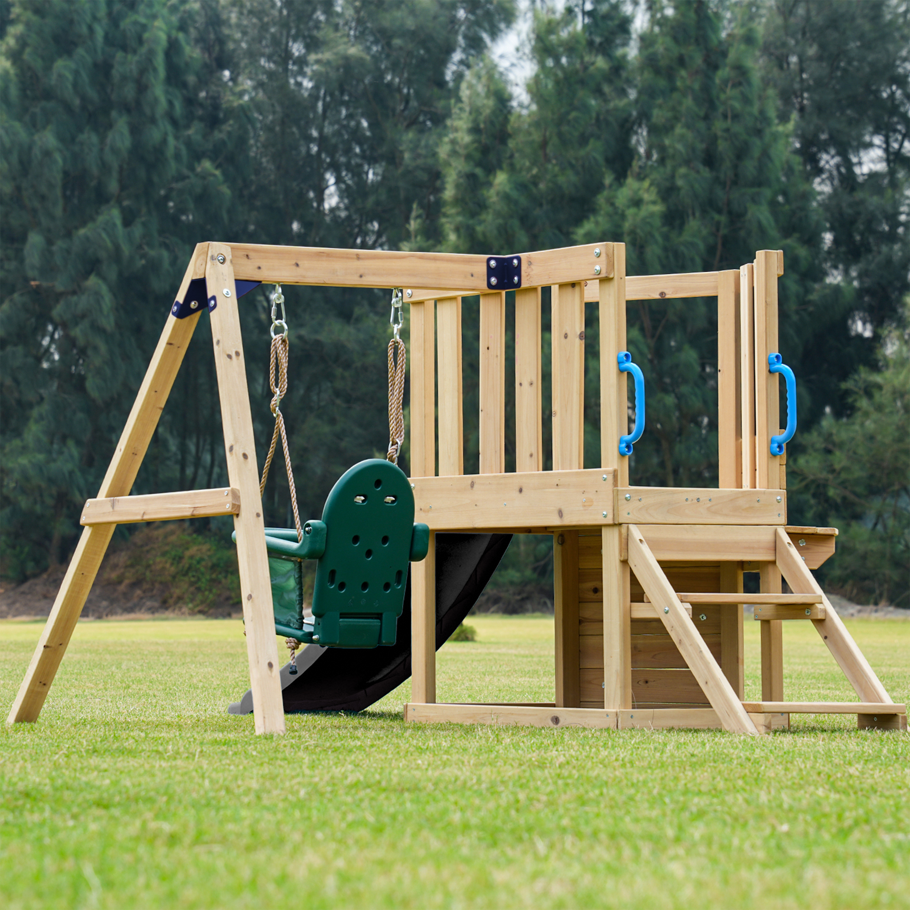 AXI Timo Mini Climbing Frame with Baby Swing. Climbing Wall and Chalkboard – Grey Slide