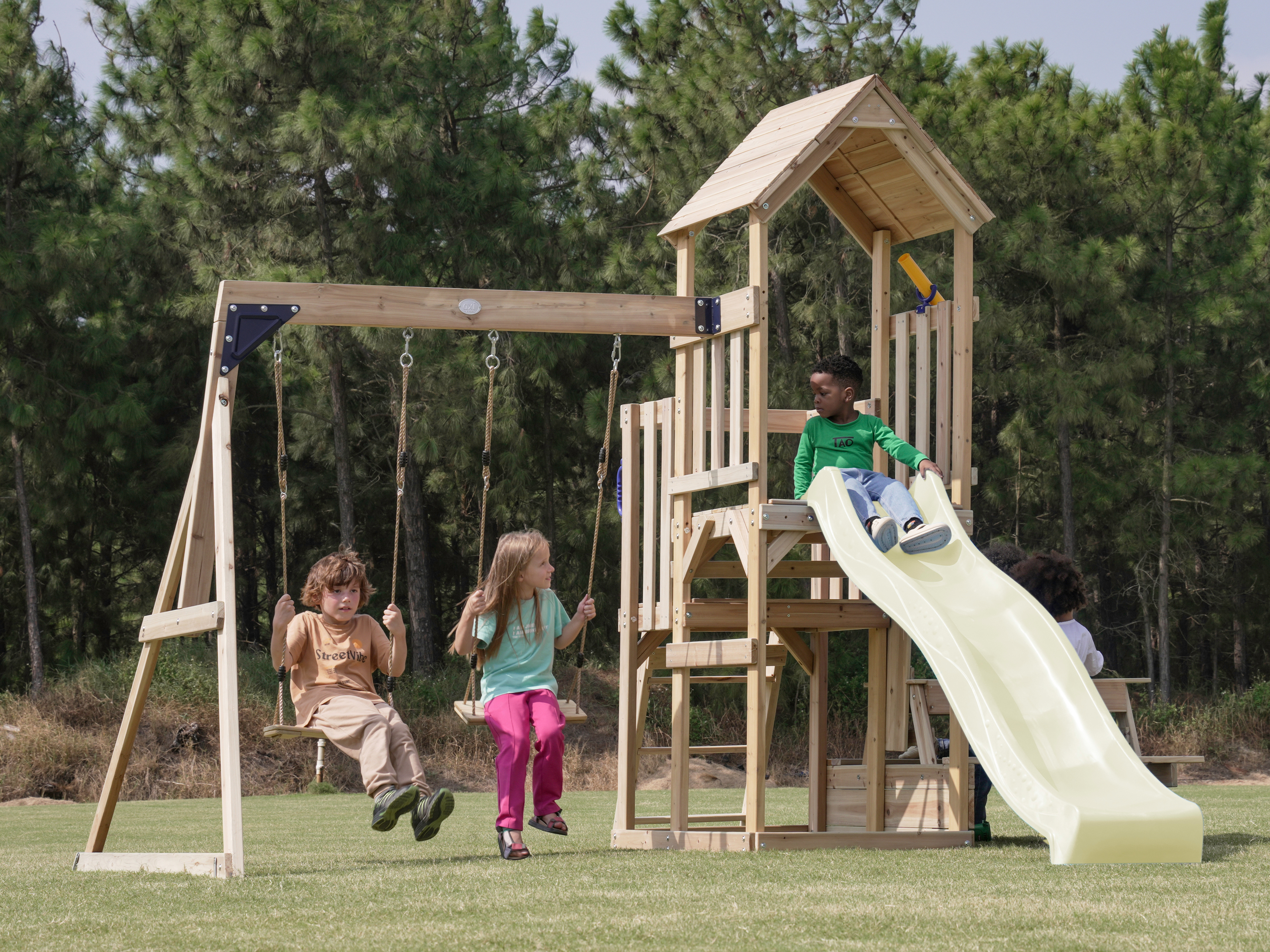 AXI Mette Climbing Frame with Double Swing Set and Picnic Table - Cream Slide