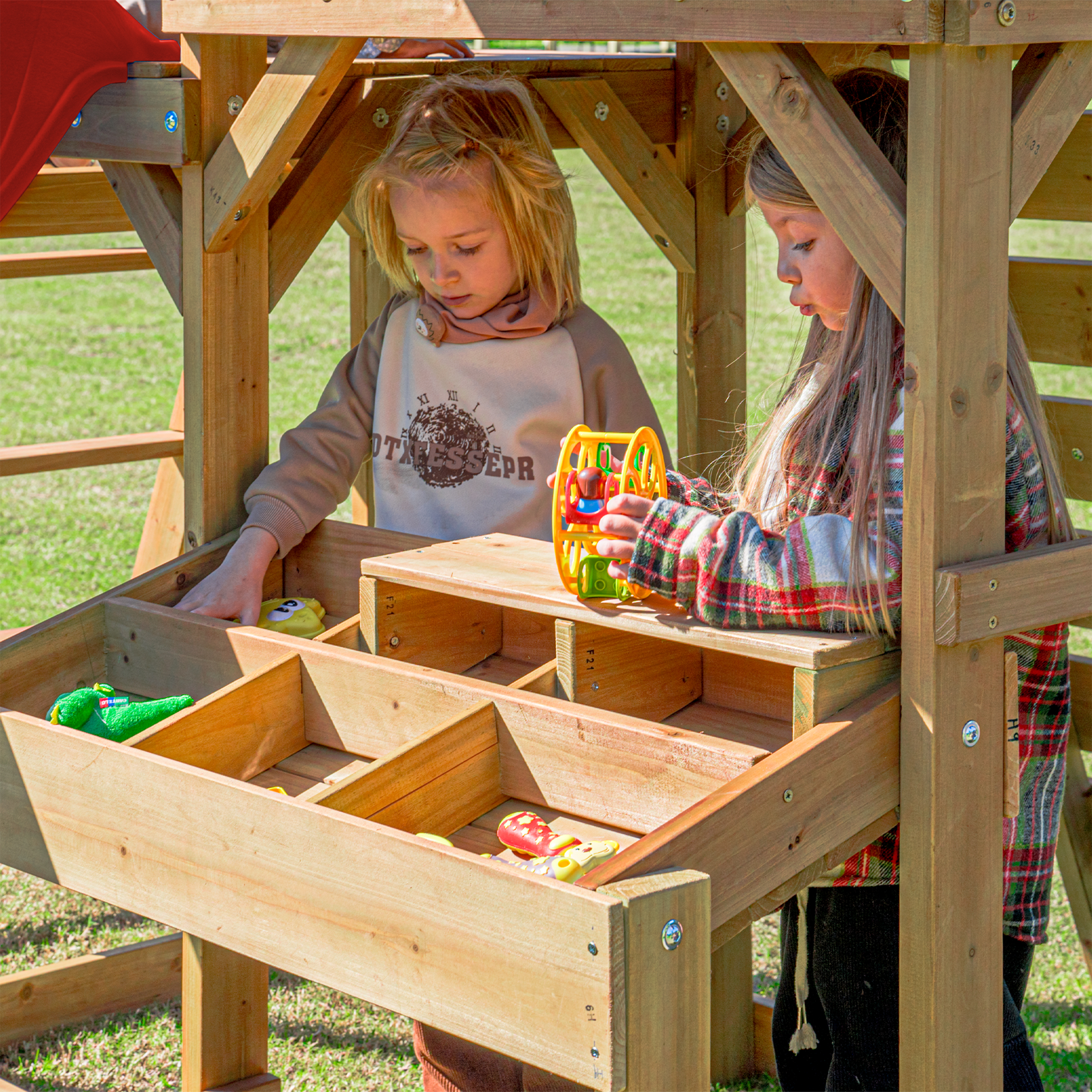 AXI Mitch Climbing Frame with Double Swing. Trapeze and Lookout Tower – Red Slide