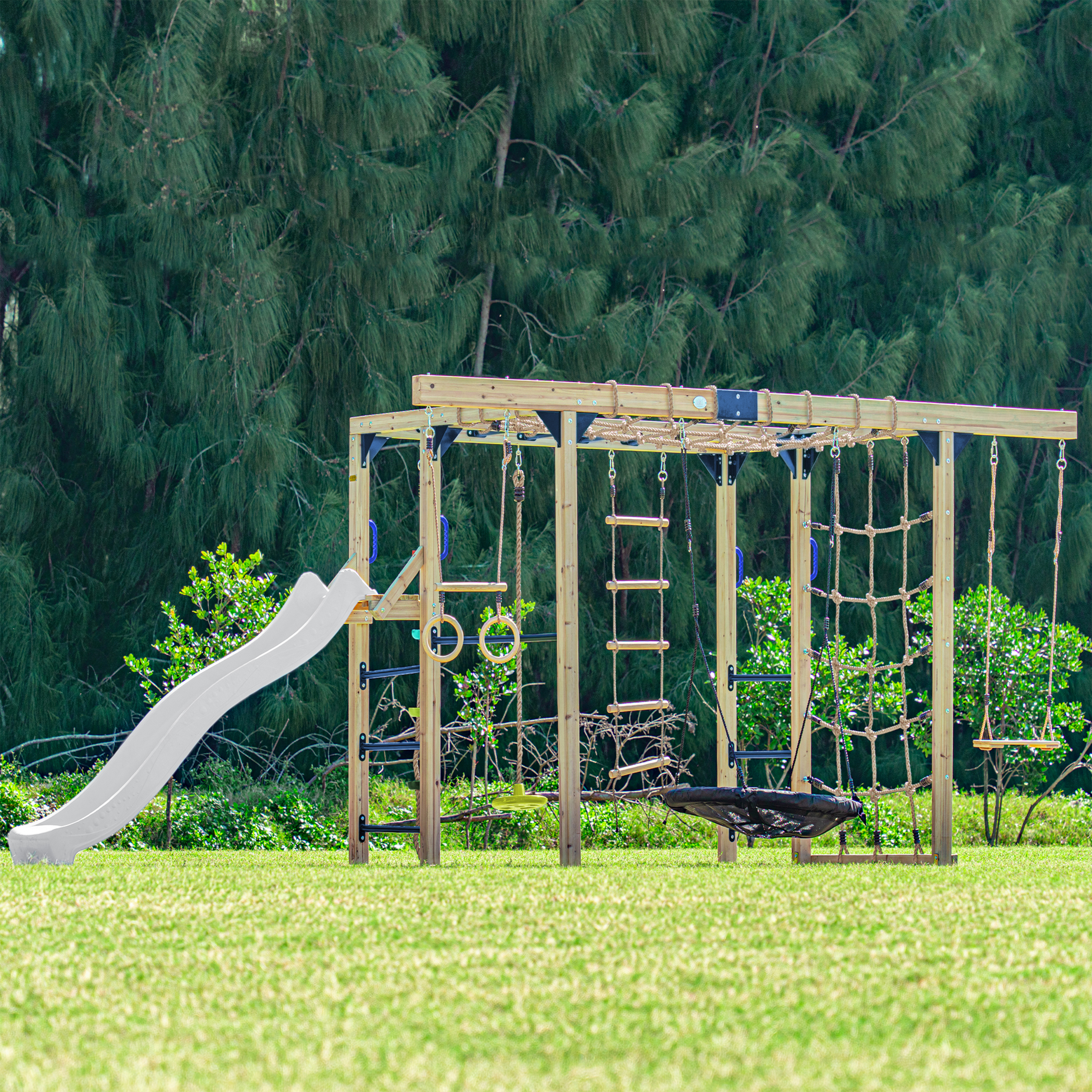 AXI Boris Wooden Playcentre with Swings. Trapeze. Climbing Nets and Monkey Bars – White Slide