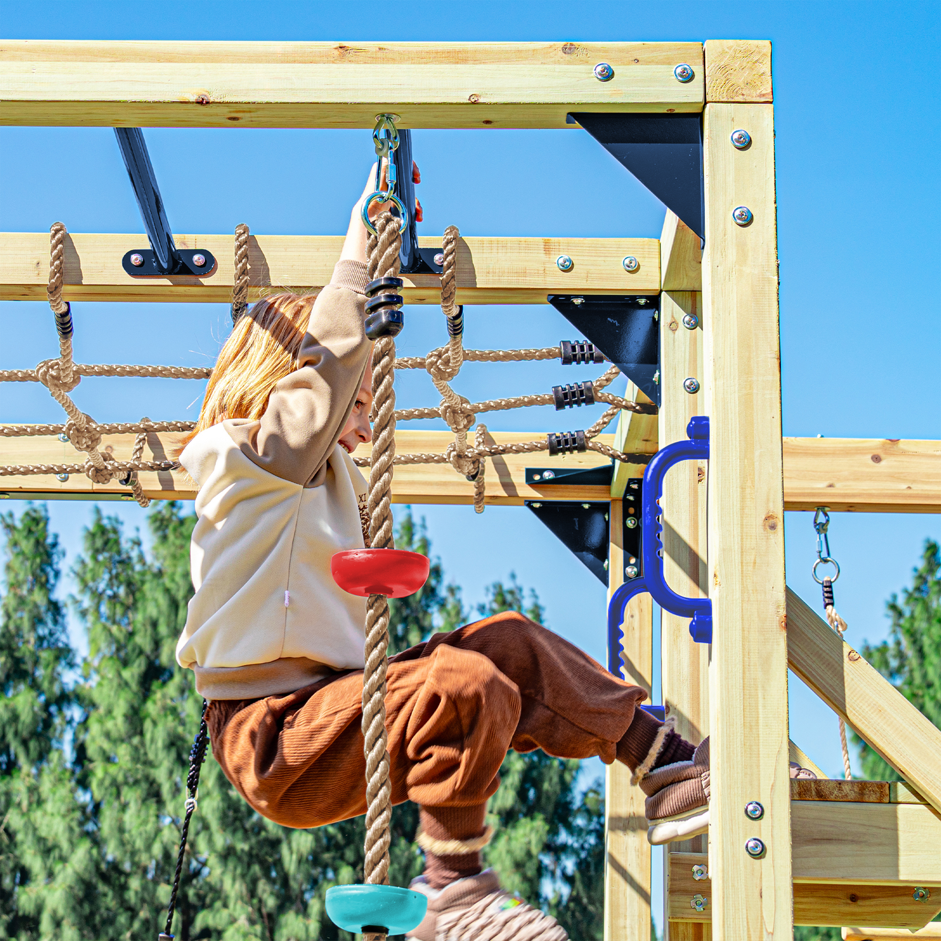 AXI Boris Wooden Playcentre with Swings. Trapeze. Climbing Nets and Monkey Bars – Blue Slide-8720365066658 AXI Boris Wooden Playcentre with Swings. Trapeze. Climbing Nets and Monkey Bars – Blue Slide