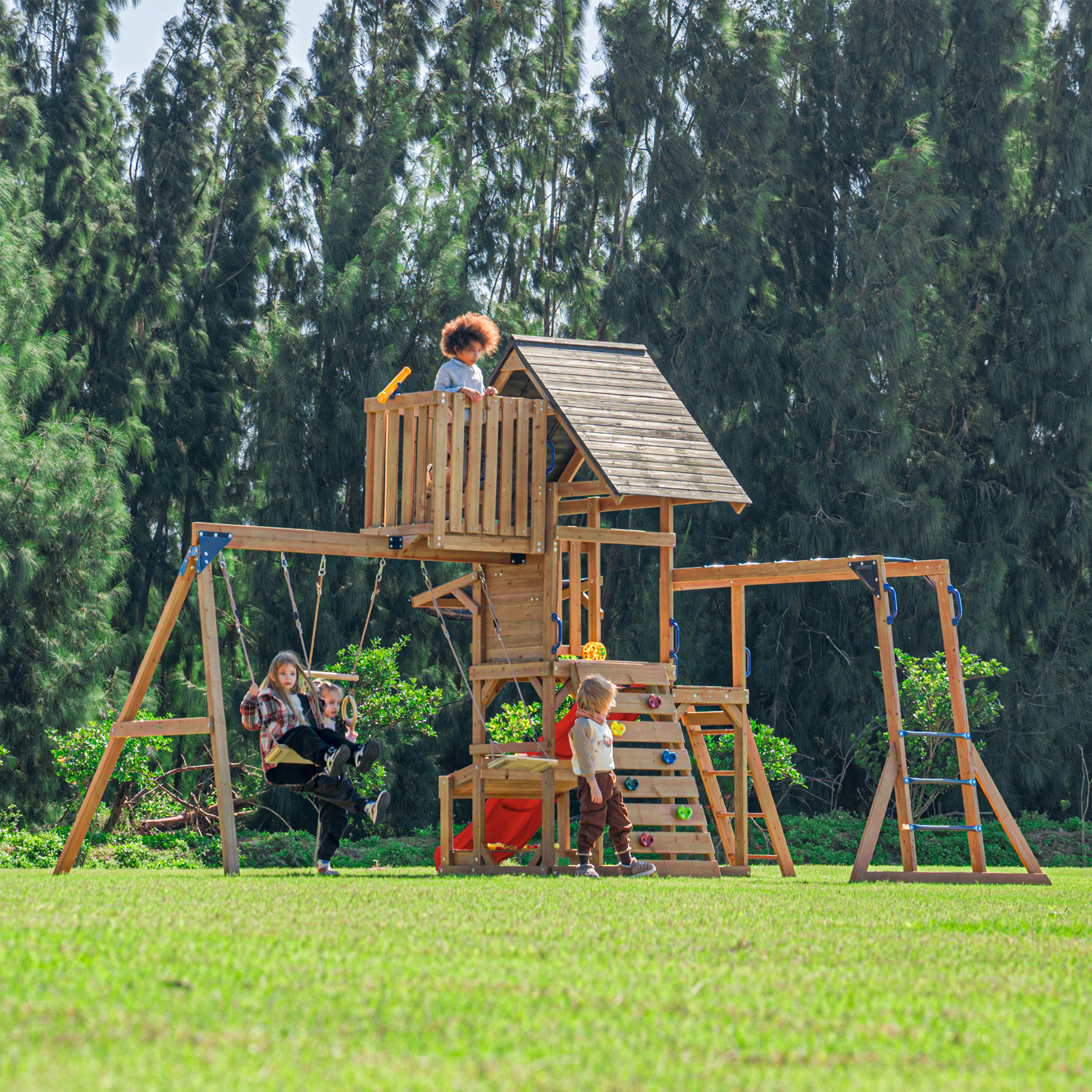 AXI Mitch Climbing Frame with Double Swing. Trapeze and Lookout Tower – Red Slide