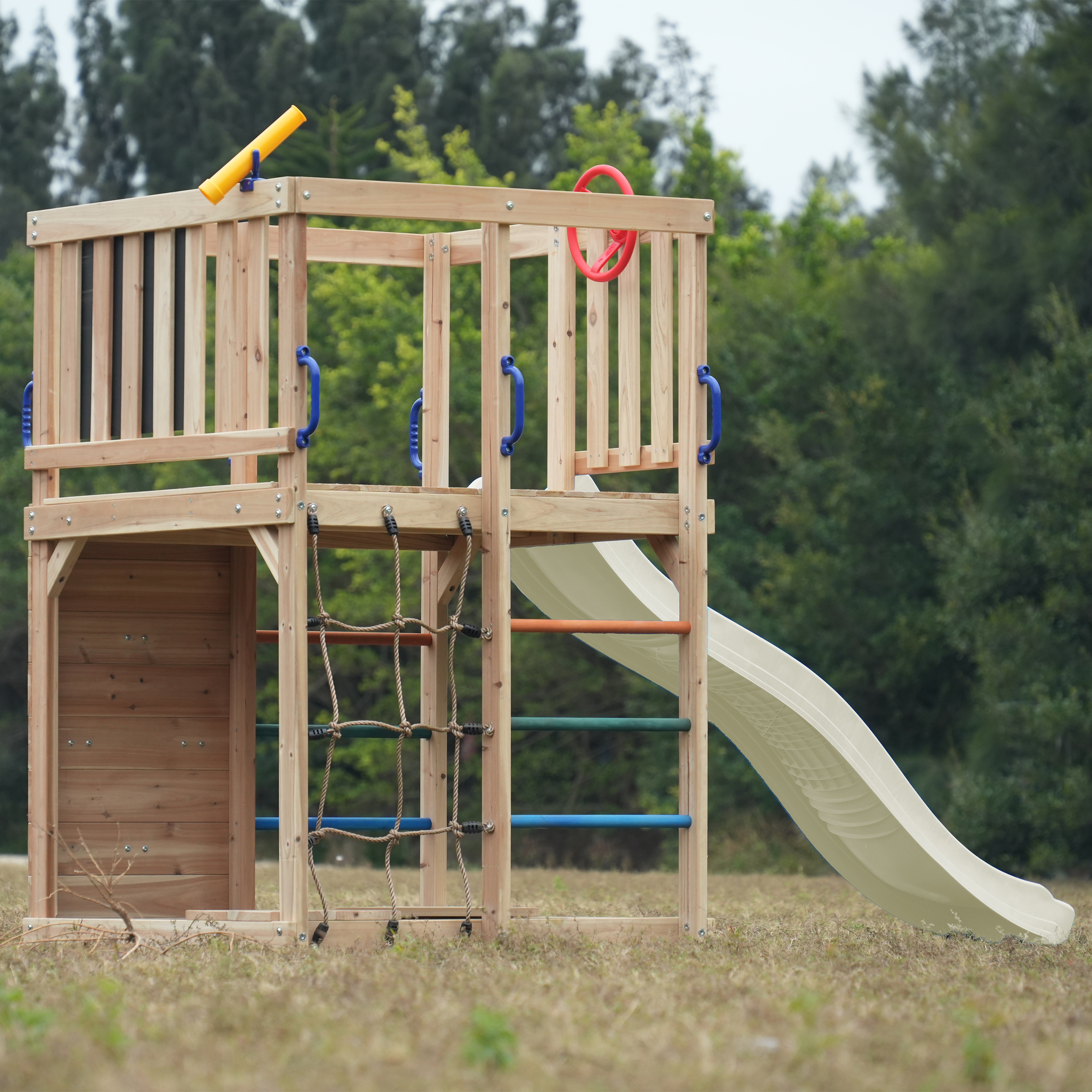 AXI Sam Climbing Frame with Climbing Wall. Climbing Net and Monkey Bars – Cream Slide