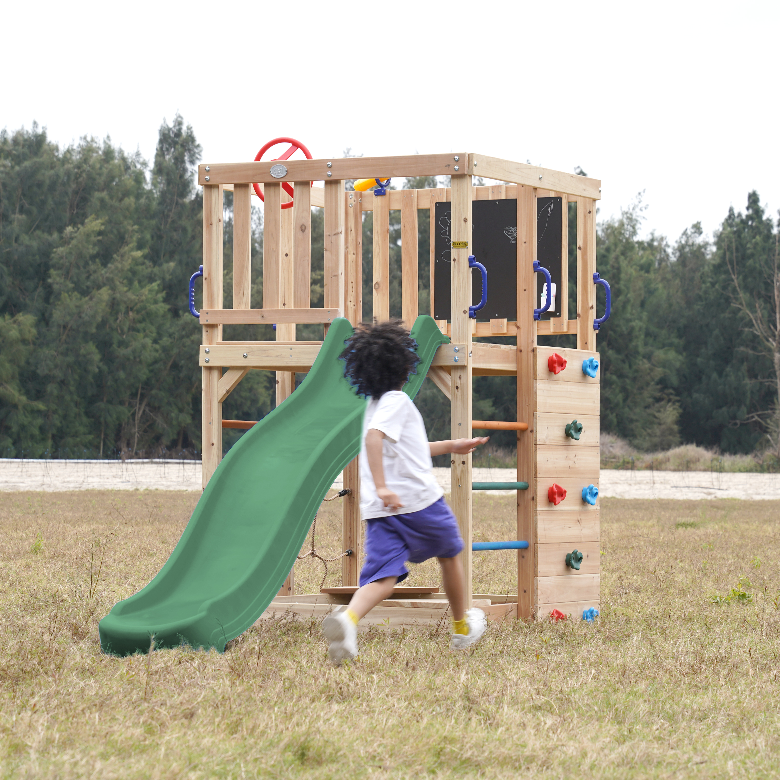 AXI Sam Climbing Frame with Climbing Wall, Climbing Net and Monkey Bars – Green Slide