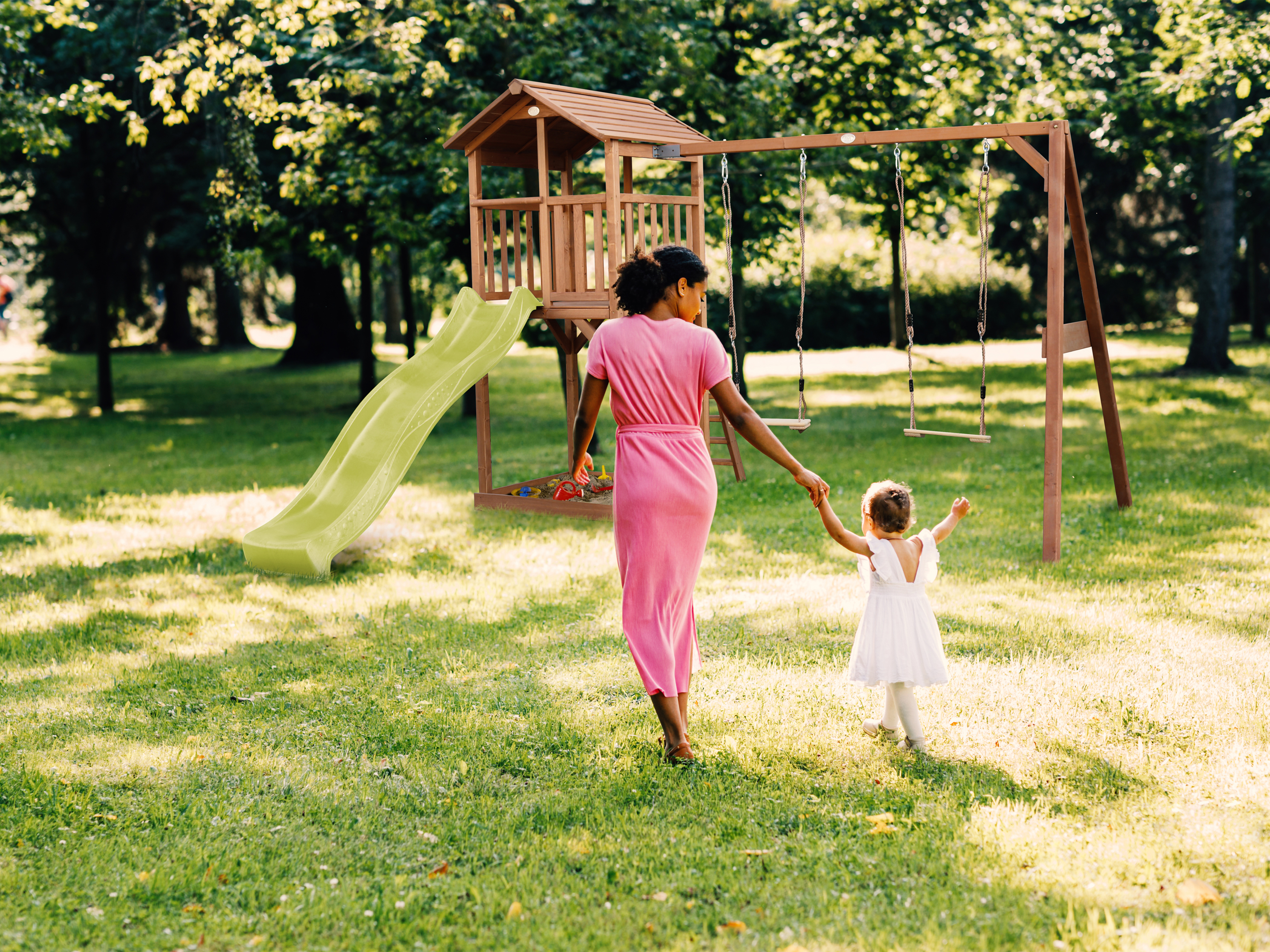 AXI Beach Tower with Double Swing Set Brown - Lime Green Slide