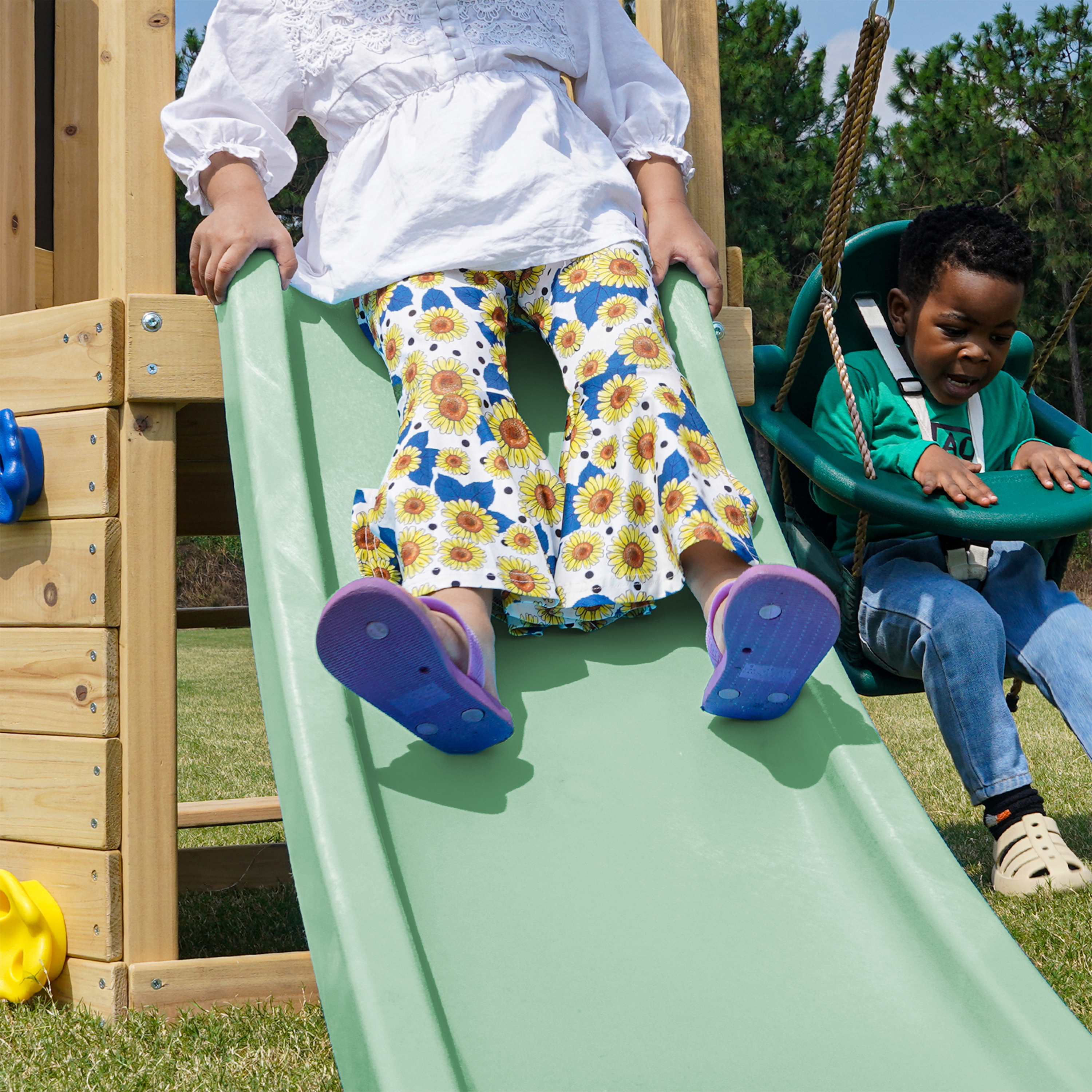 AXI Timo Mini Climbing Frame with Baby Swing, Climbing Wall and Chalkboard – Pastel Green Slide