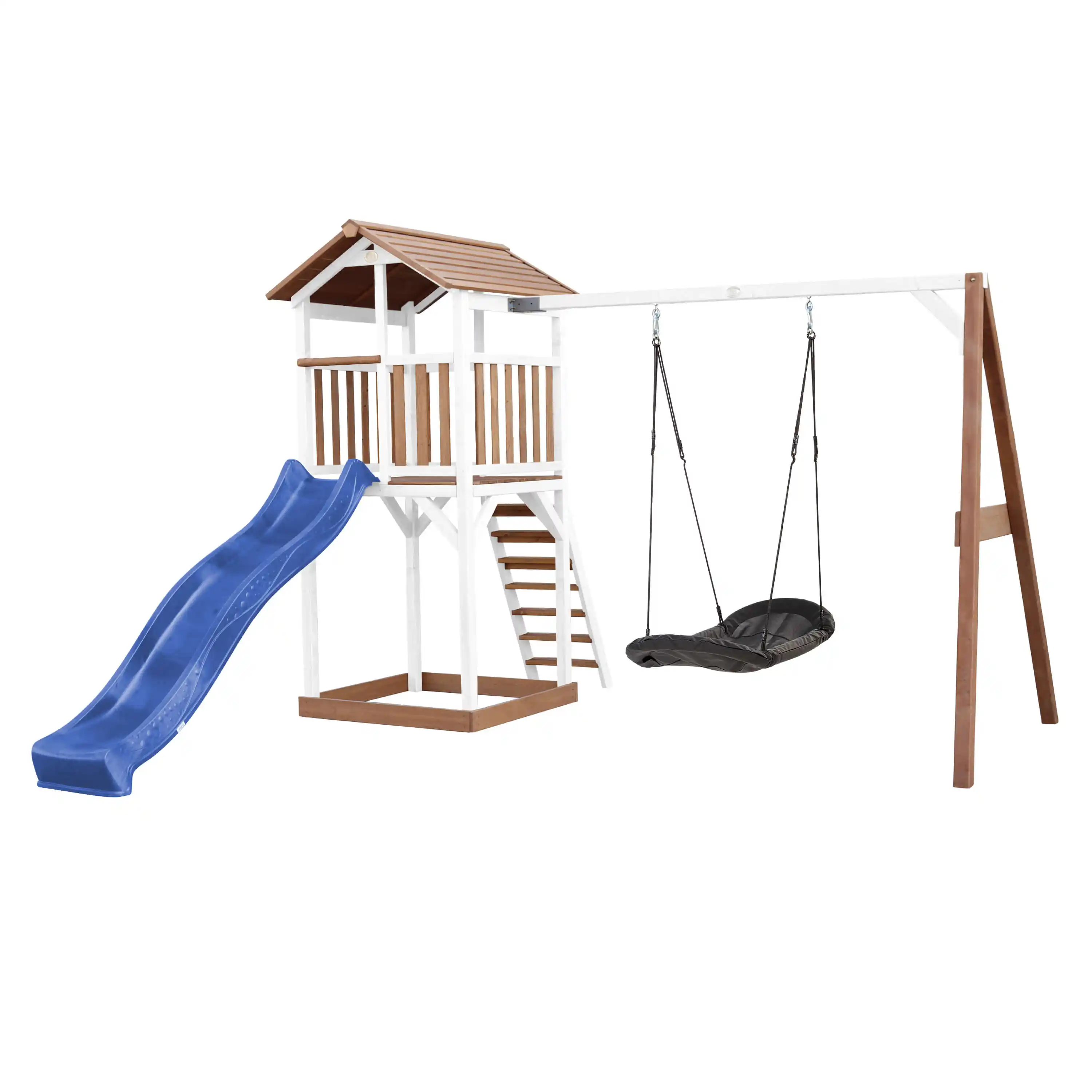 AXI Beach Tower Speeltoren met Roxy Nestschommel Bruin/wit - Blauwe Glijbaan