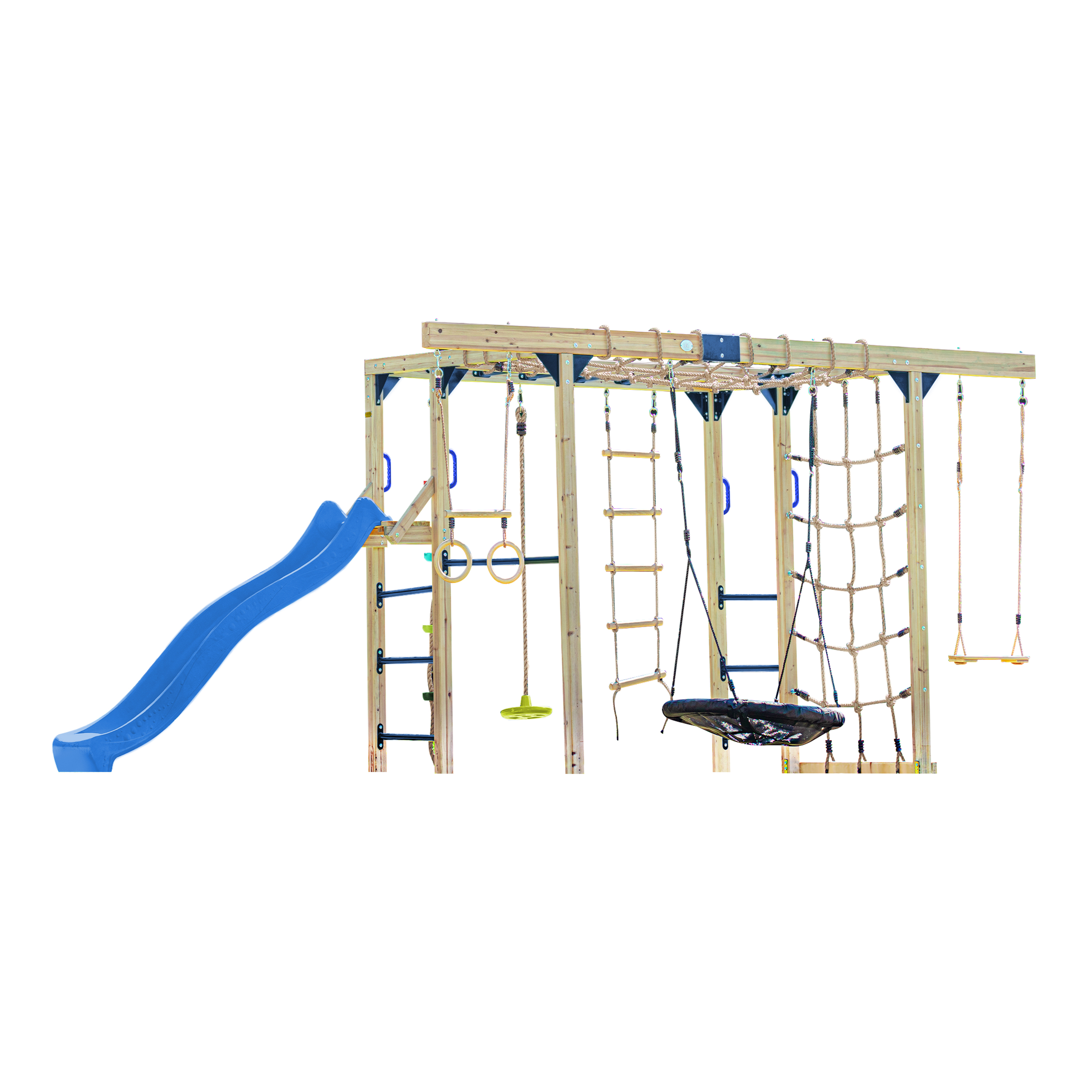 AXI Boris Wooden Playcentre with Swings. Trapeze. Climbing Nets and Monkey Bars – Blue Slide