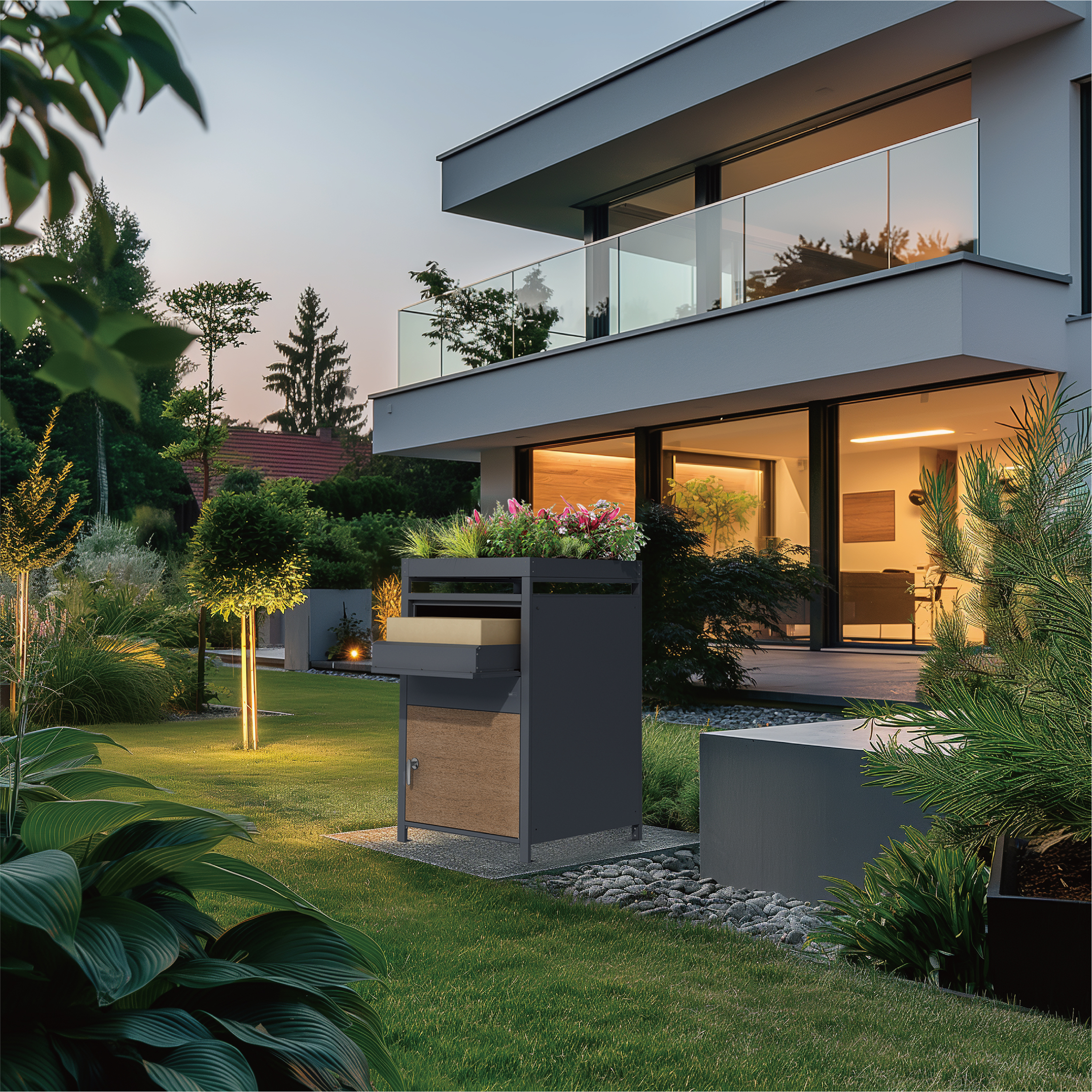 AXI LouisMetal Parcel Mailbox in Anthracite/Wood Look with Planter