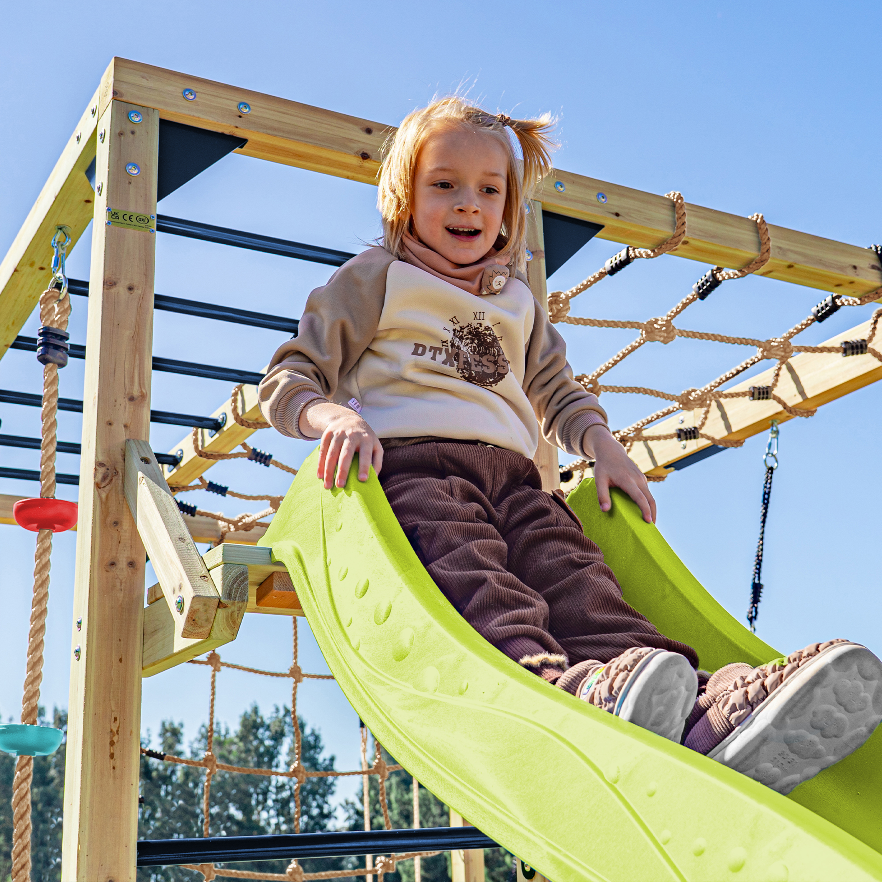 AXI Boris Wooden Playcentre with Swings. Trapeze. Climbing Nets and Monkey Bars – Lime Green Slide