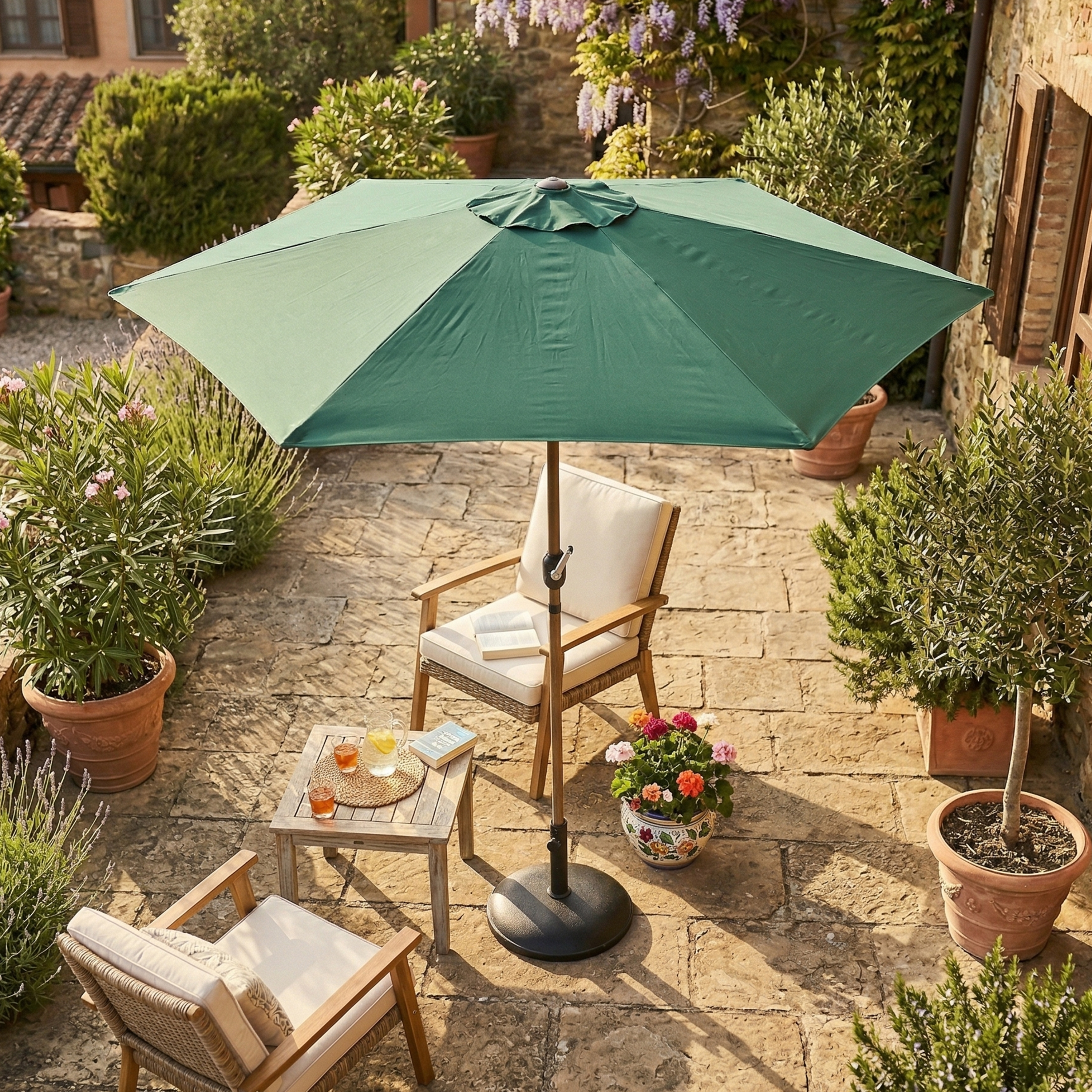 AXI Noor Centre Pole Parasol Ø 300cm incl. parasol base Oak-look/Green