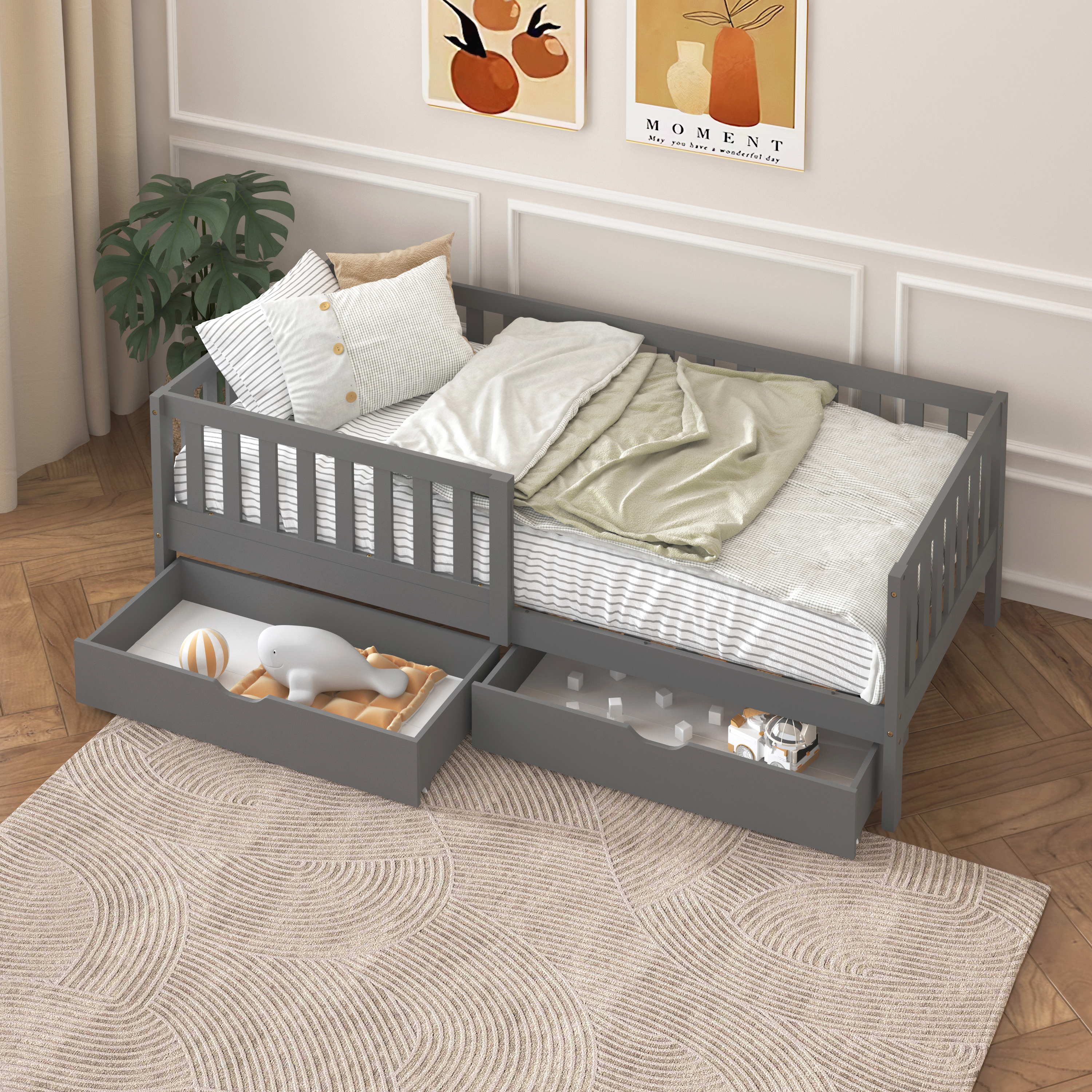 Sunny Isa Kids Bed with 2 Storage Drawers and Guardrail Grey – Without Mattress
