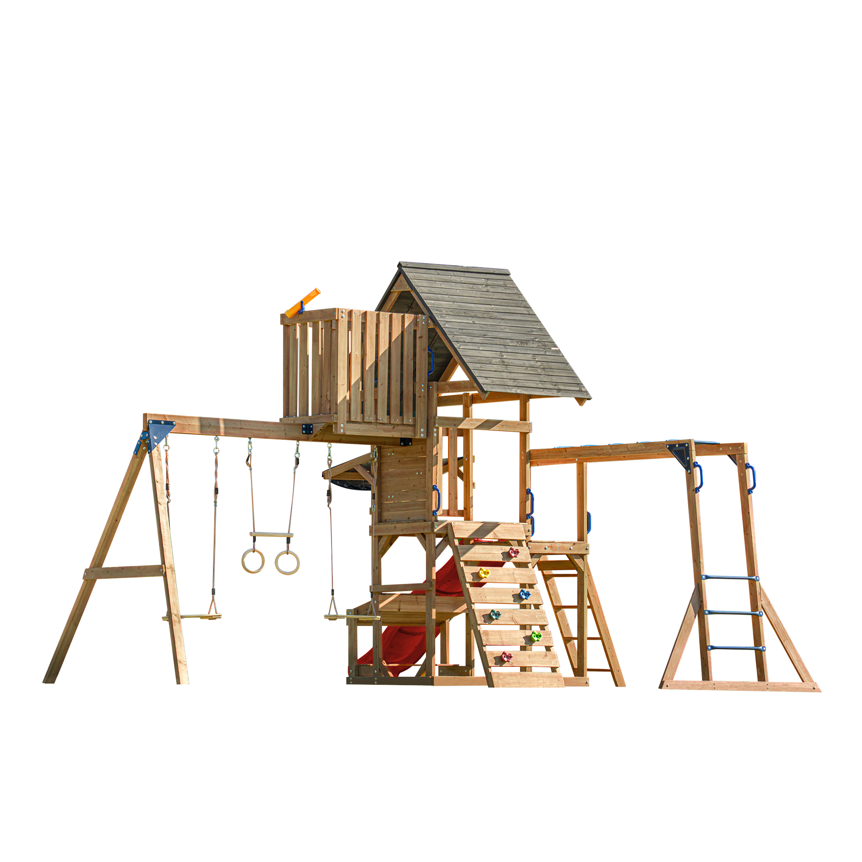 AXI Mitch Climbing Frame with Double Swing. Trapeze and Lookout Tower – Red Slide