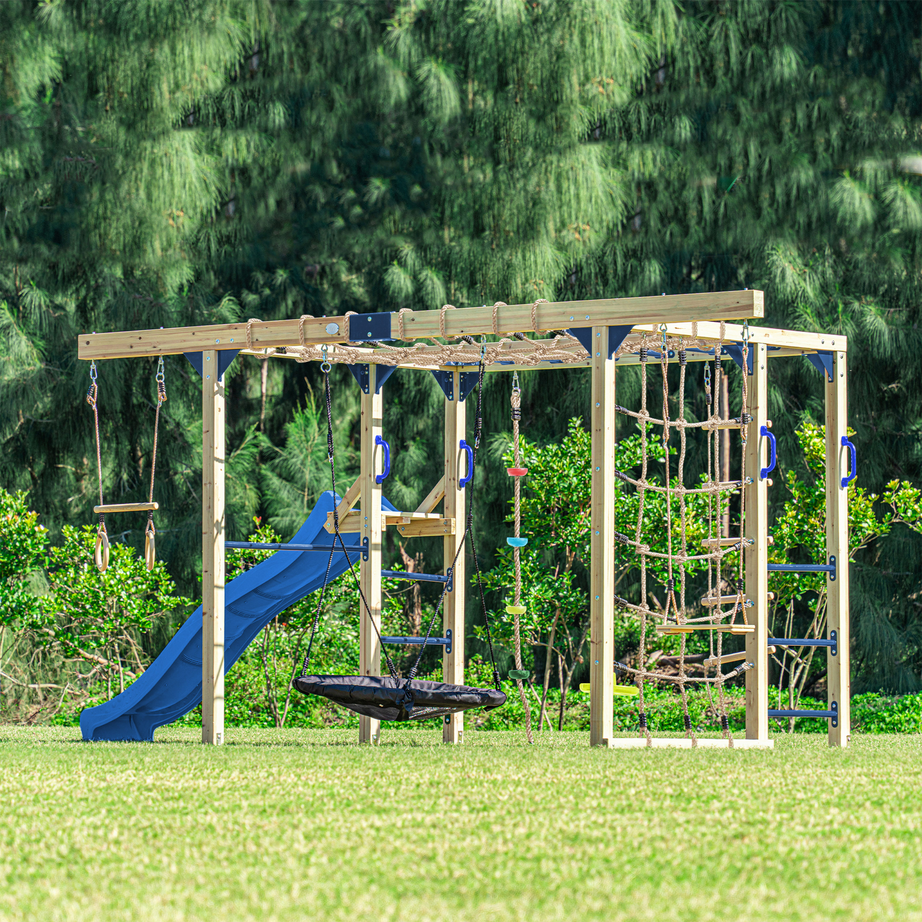 AXI Boris Wooden Playcentre with Swings. Trapeze. Climbing Nets and Monkey Bars – Blue Slide-8720365066658 AXI Boris Wooden Playcentre with Swings. Trapeze. Climbing Nets and Monkey Bars – Blue Slide
