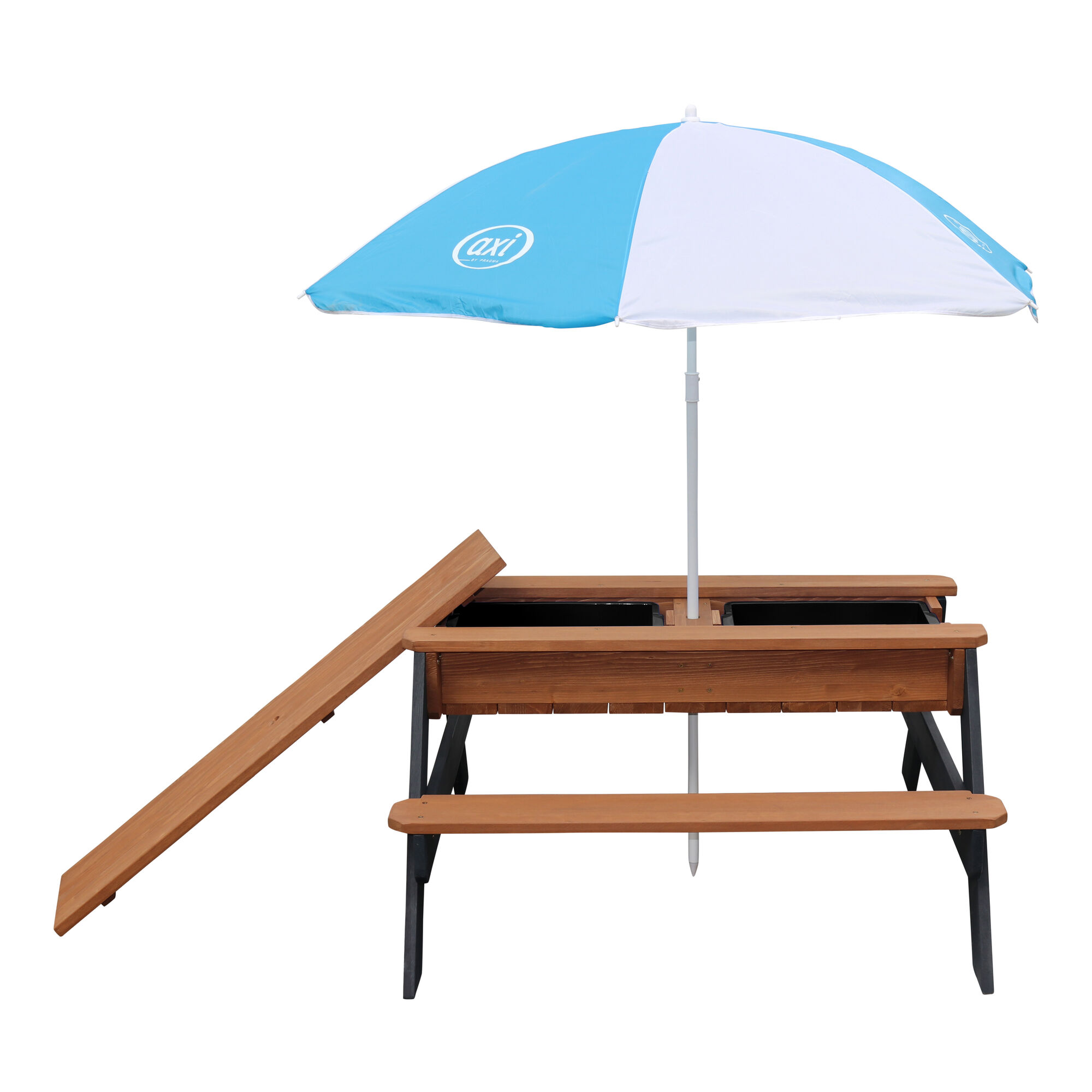 AXI Nick Zand & Water Picknicktafel Antraciet/bruin - Parasol Blauw/wit