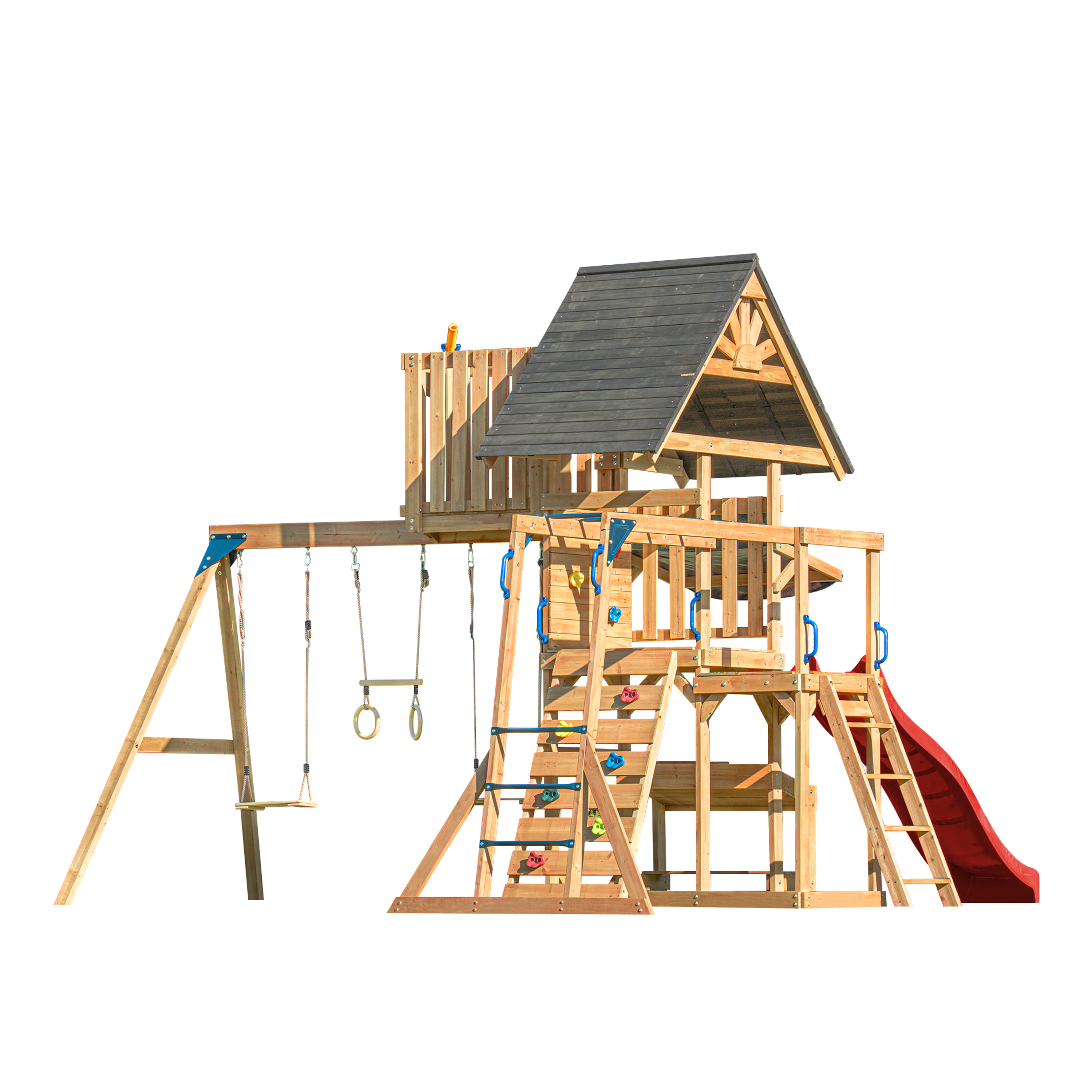 AXI Mitch Climbing Frame with Double Swing. Trapeze and Lookout Tower – Red Slide