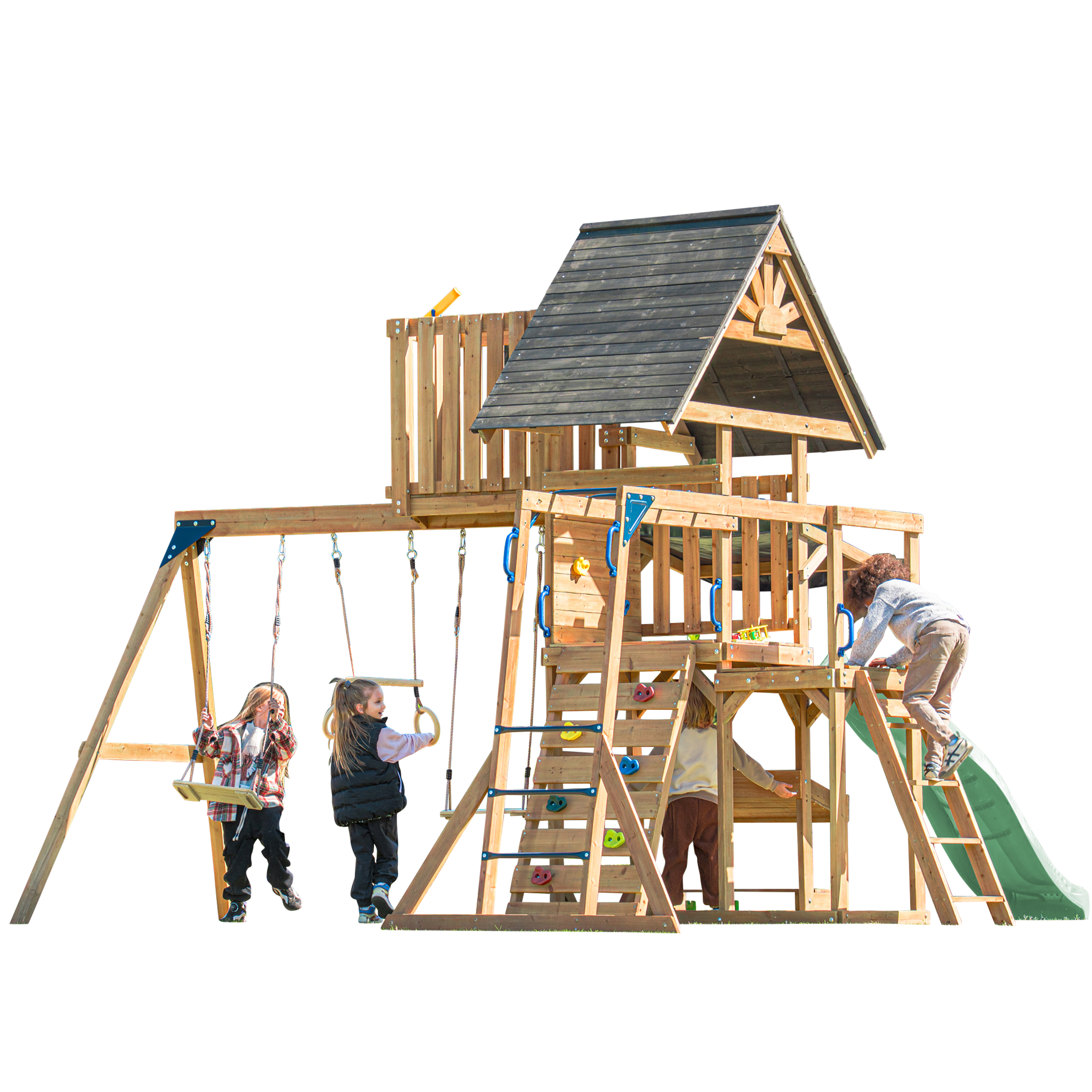 AXI Mitch Climbing Frame with Double Swing, Trapeze and Lookout Tower – Pastel Green Slide