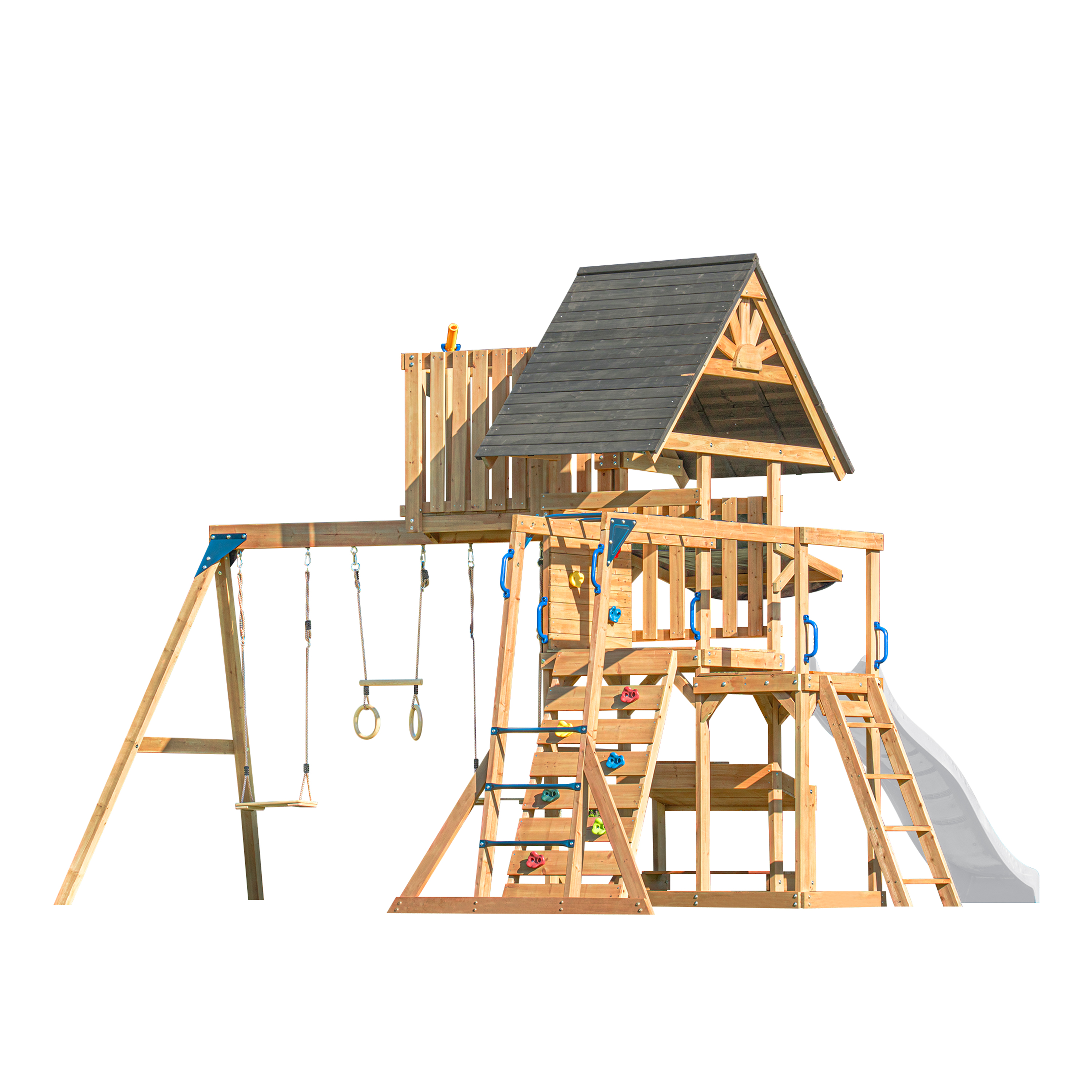 AXI Mitch Climbing Frame with Double Swing. Trapeze and Lookout Tower – White Slide