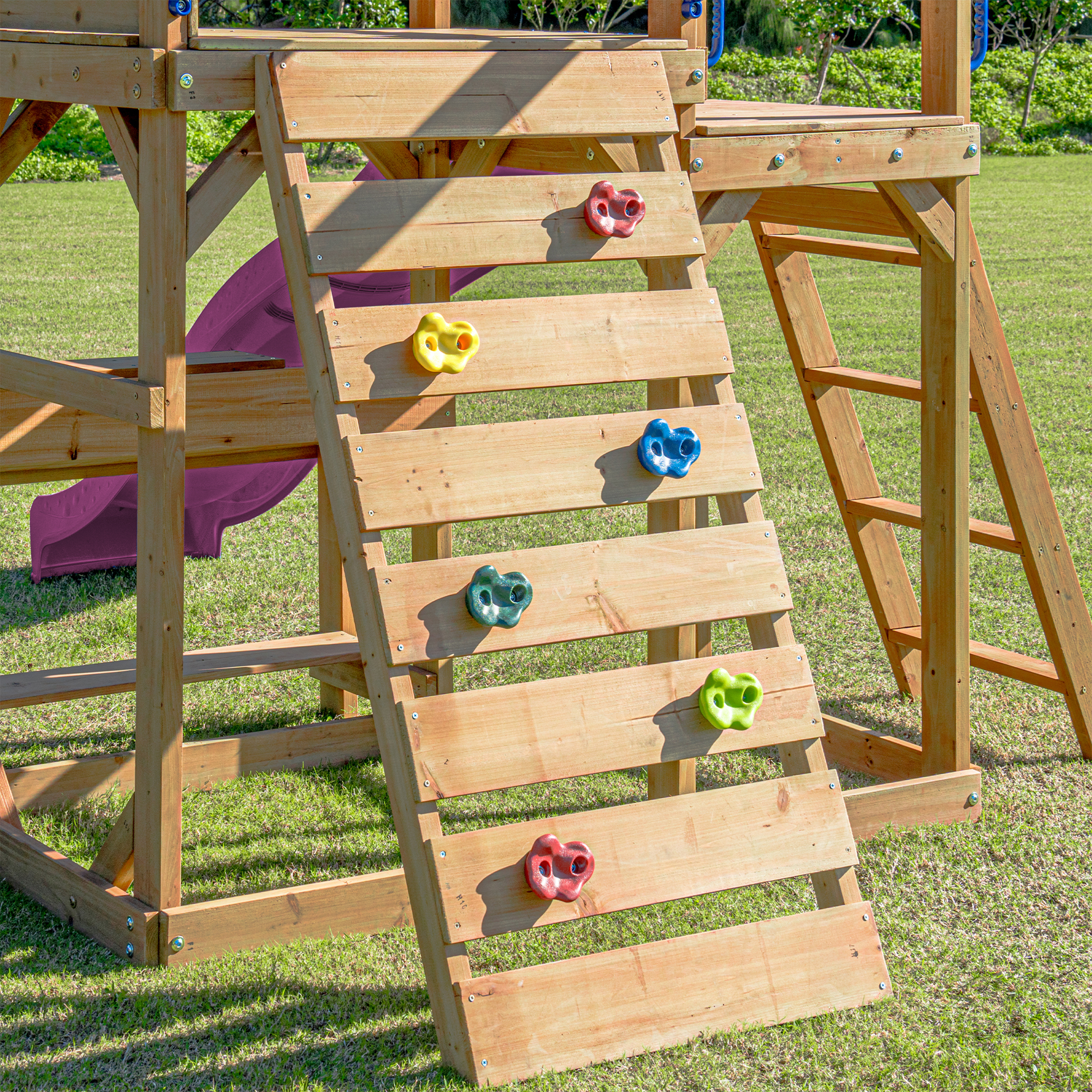 AXI Mitch Climbing Frame with Double Swing, Trapeze and Lookout Tower – Purple Slide