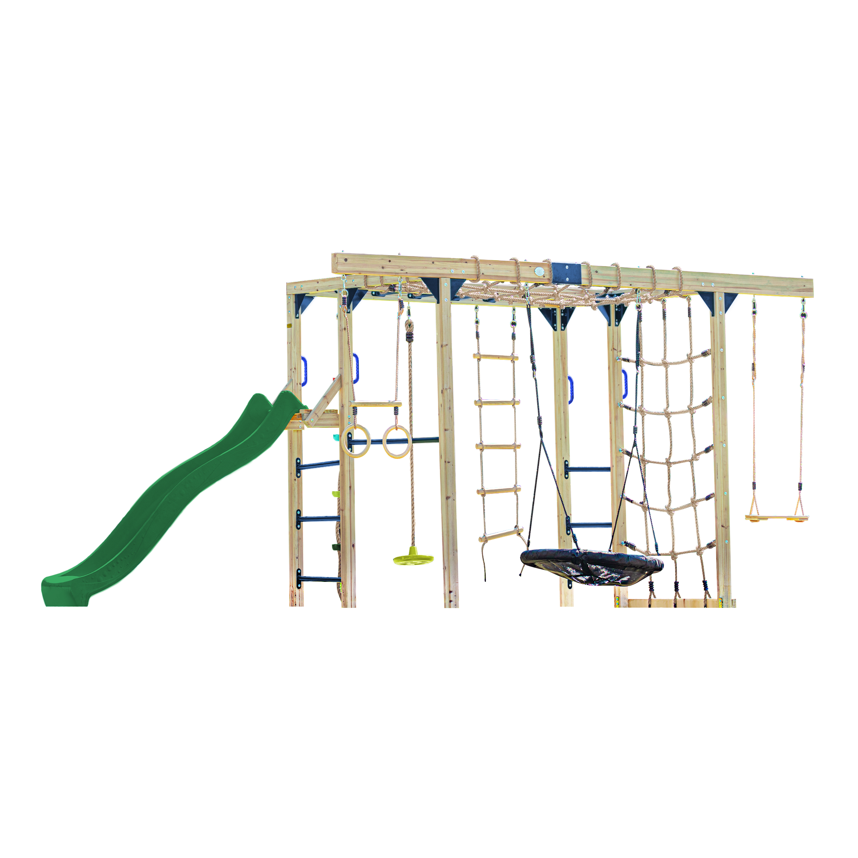 AXI Boris Wooden Playcentre with Swings. Trapeze. Climbing Nets and Monkey Bars – Green Slide