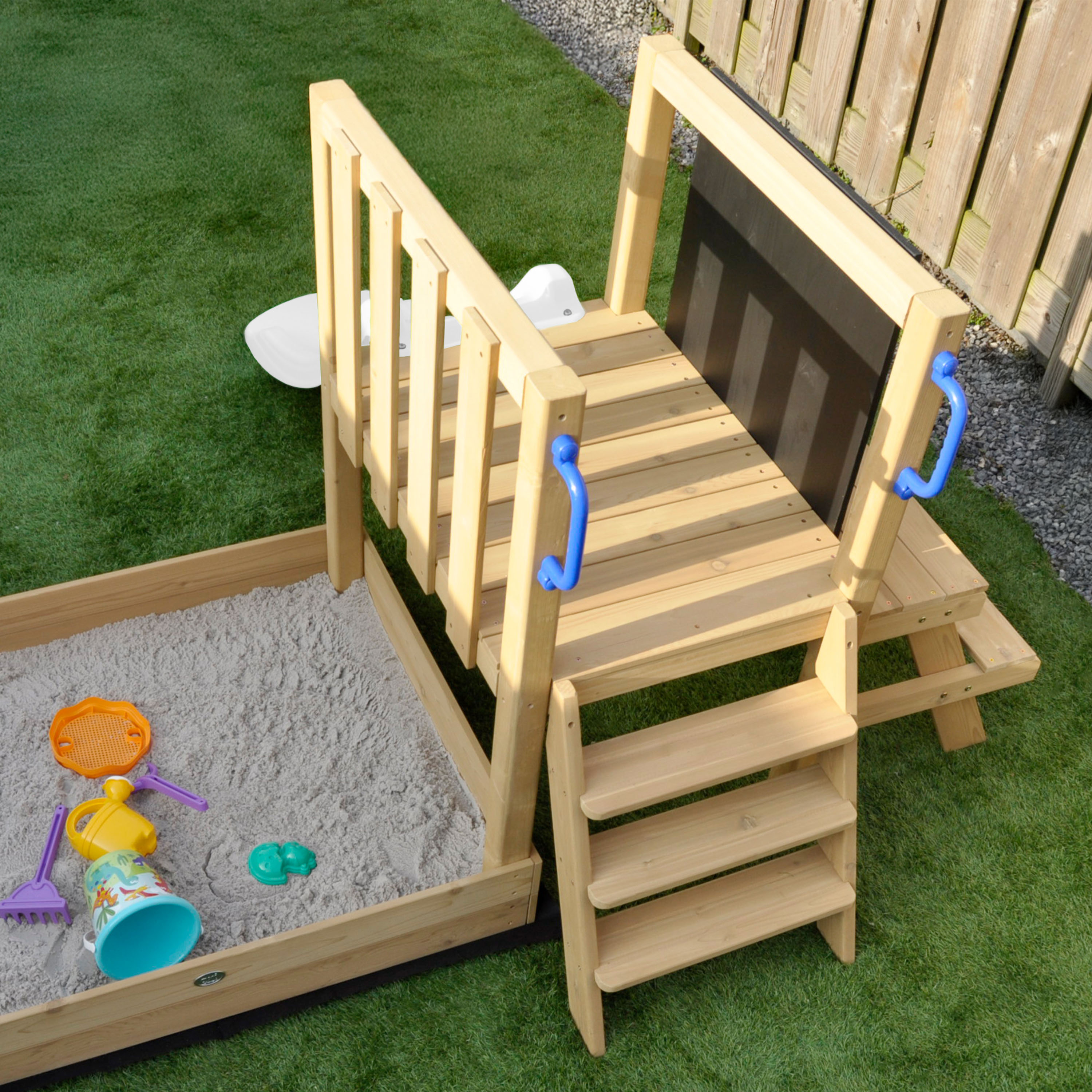 AXI Leah Mini Wooden Playtower with Sandbox. Picnic Table & Chalkboard – White Slide