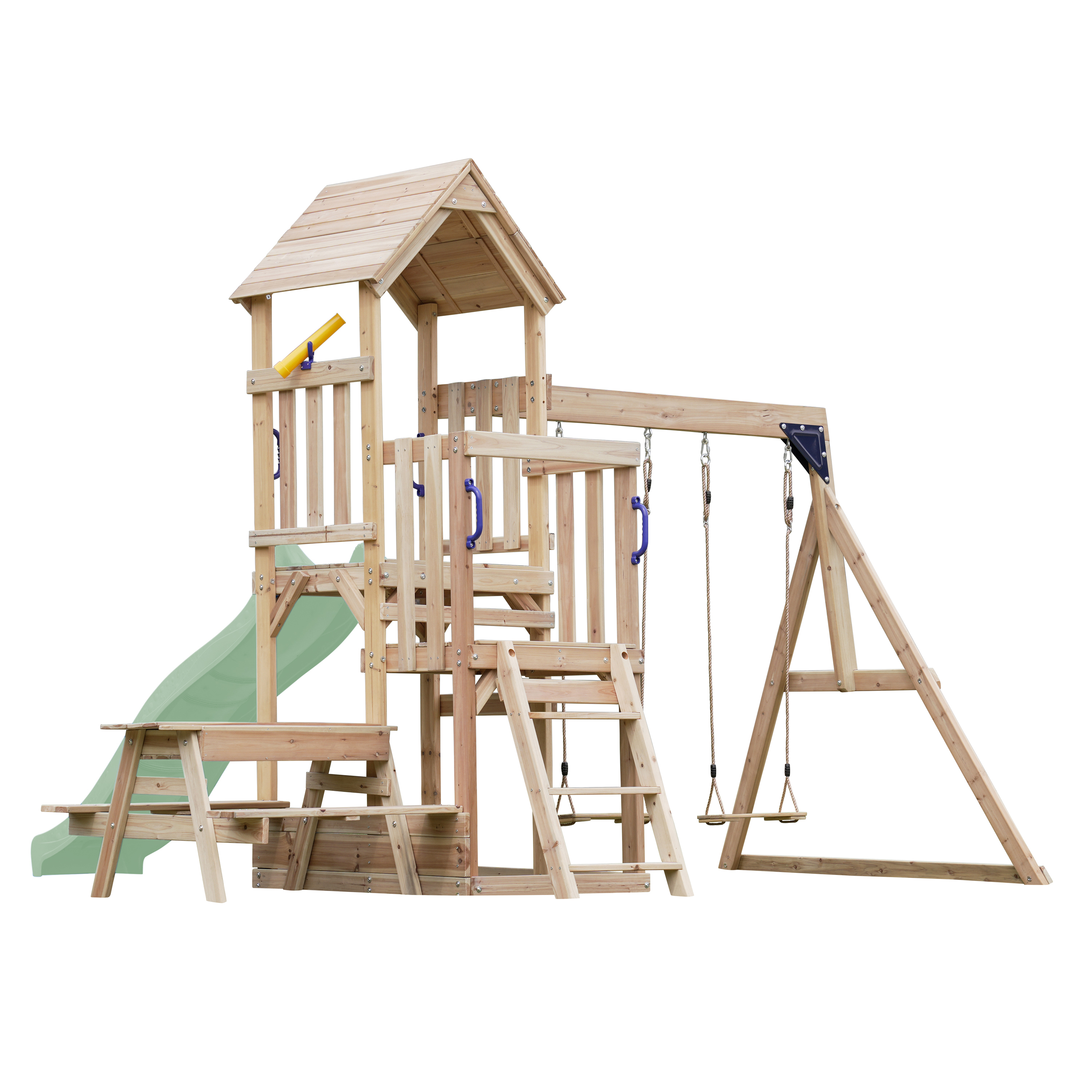 AXI Mette Climbing Frame with Double Swing Set and Picnic Table - Pastel Green Slide