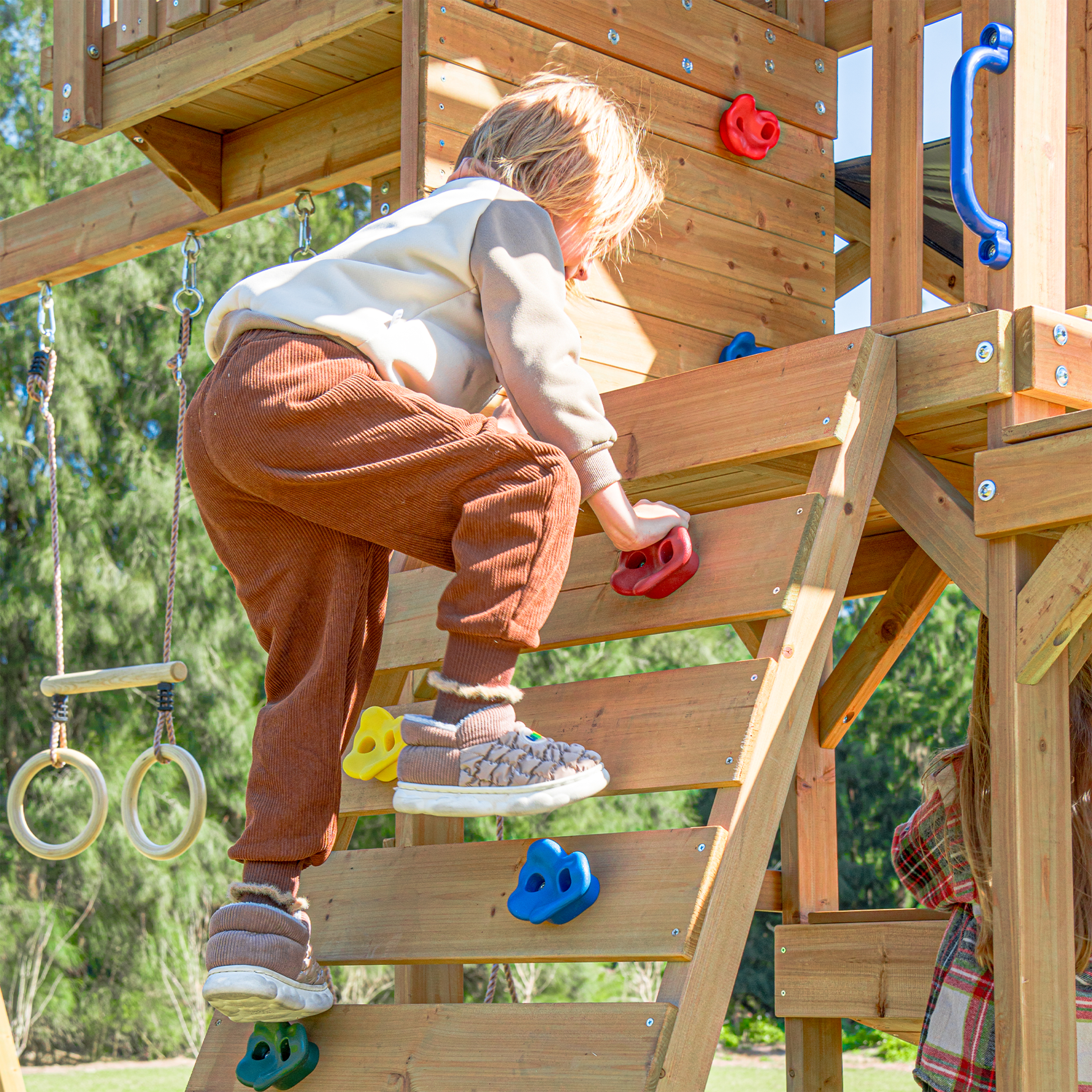 AXI Mitch Climbing Frame with Double Swing. Trapeze and Lookout Tower – Green Slide