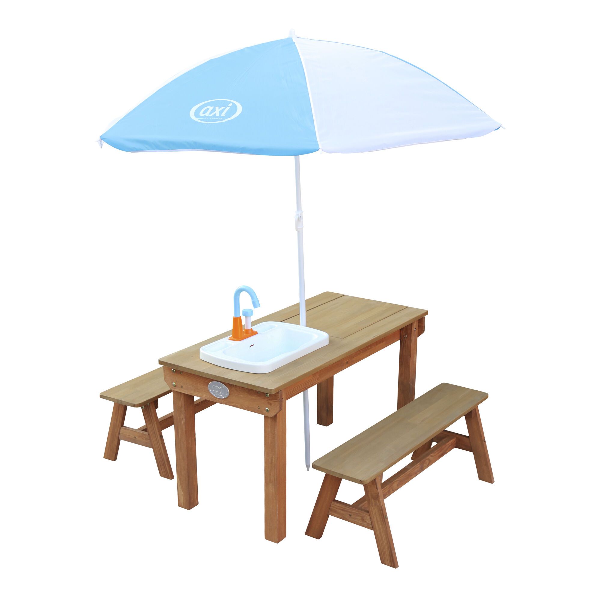 AXI Dennis Zand & Water Picknicktafel met Speelkeuken wastafel en losse bankjes Bruin - Parasol Blauw/wit