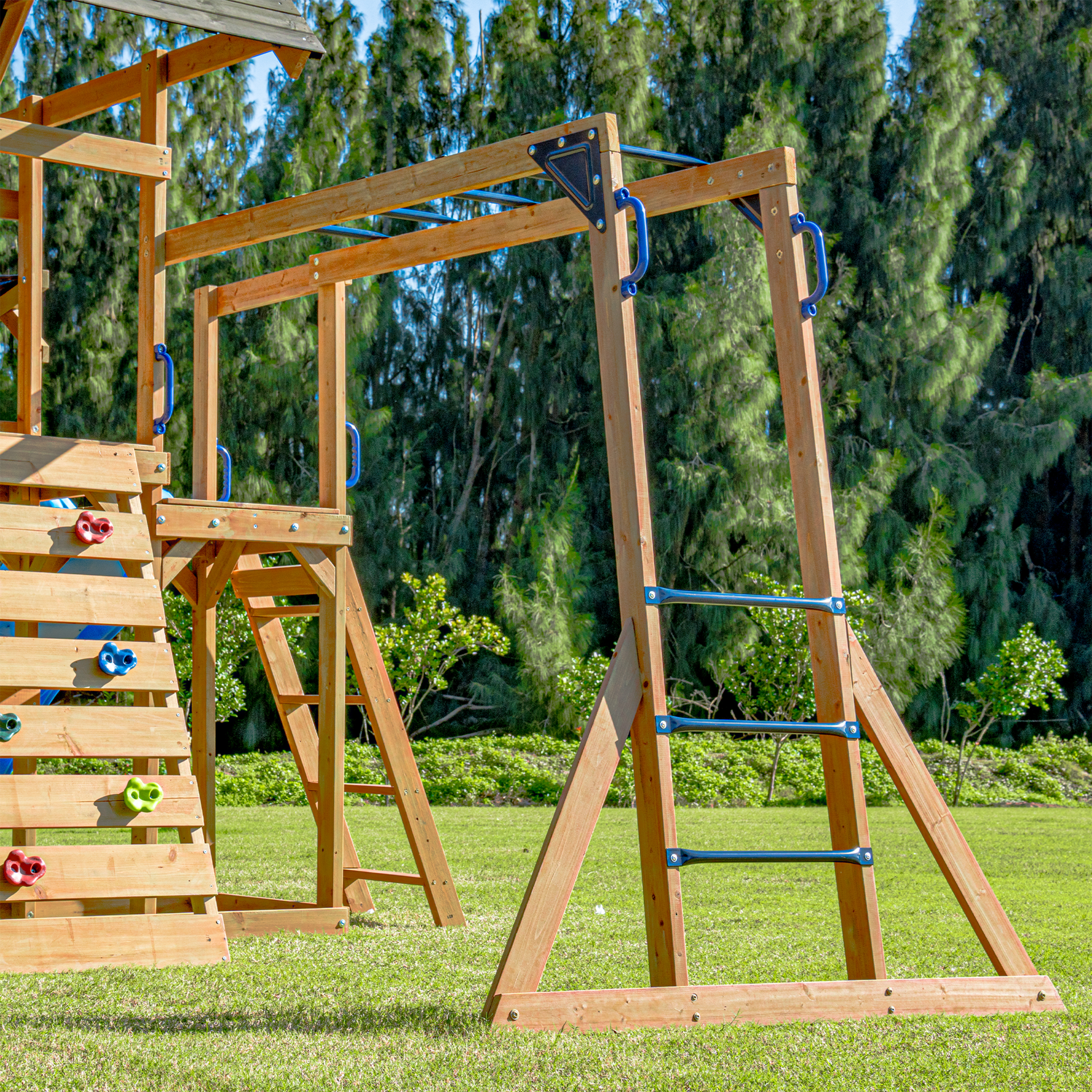 AXI Mitch Climbing Frame with Double Swing. Trapeze and Lookout Tower – Pastel Blue Slide