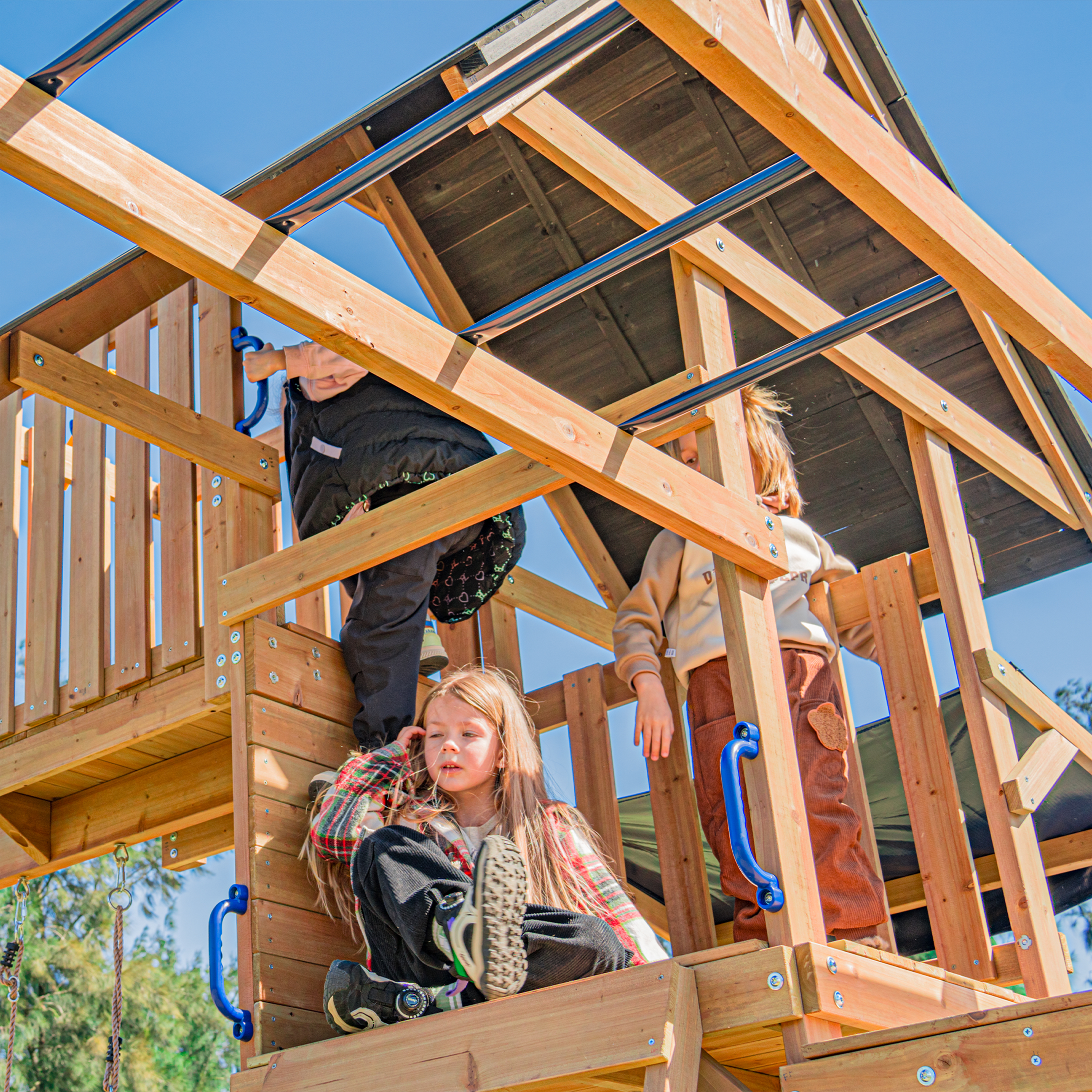 AXI Mitch Climbing Frame with Double Swing. Trapeze and Lookout Tower – Blue Slide