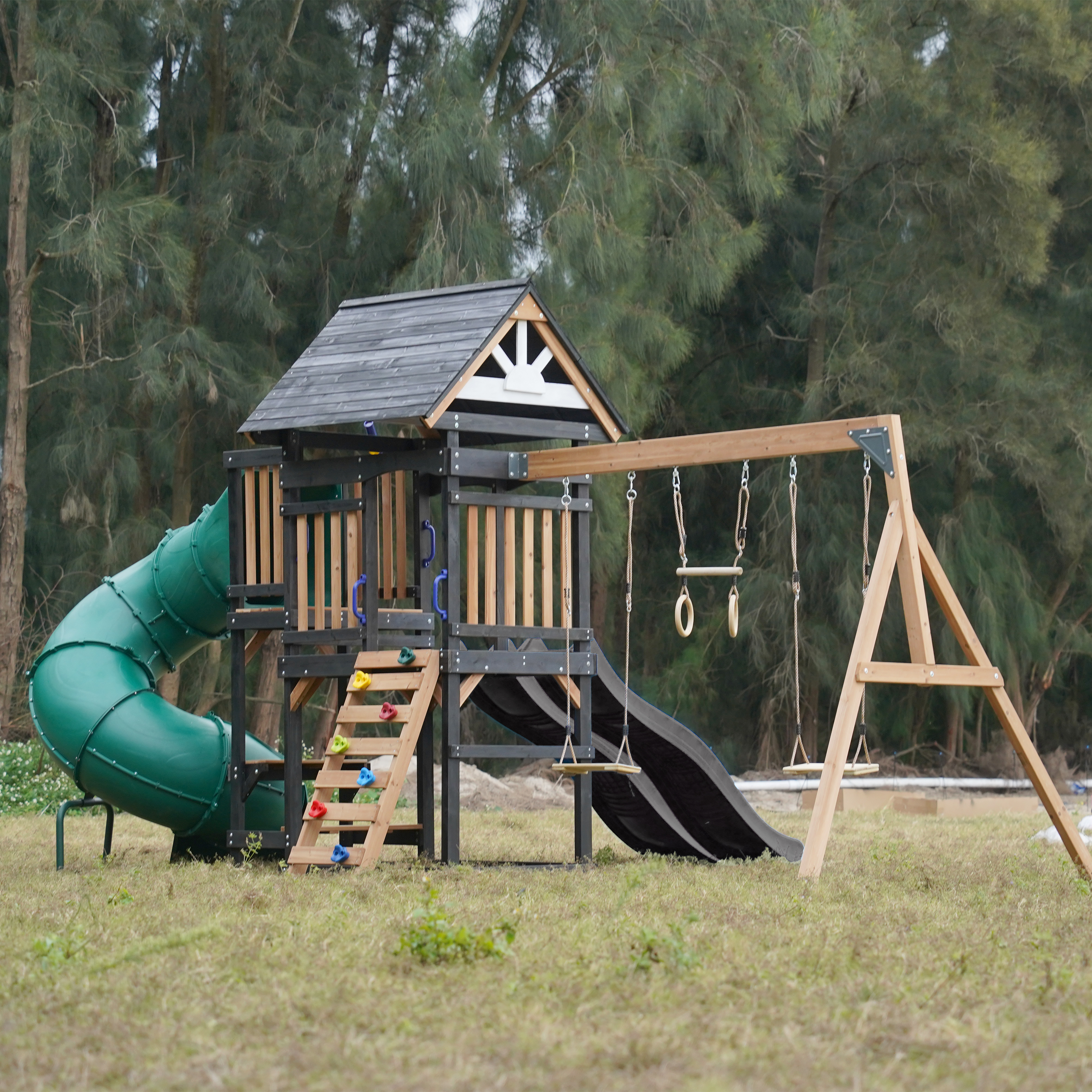 AXI Cody Climbing Frame with Swings. Trapeze and Climbing Wall – Grey Double Slide and Tube Slide