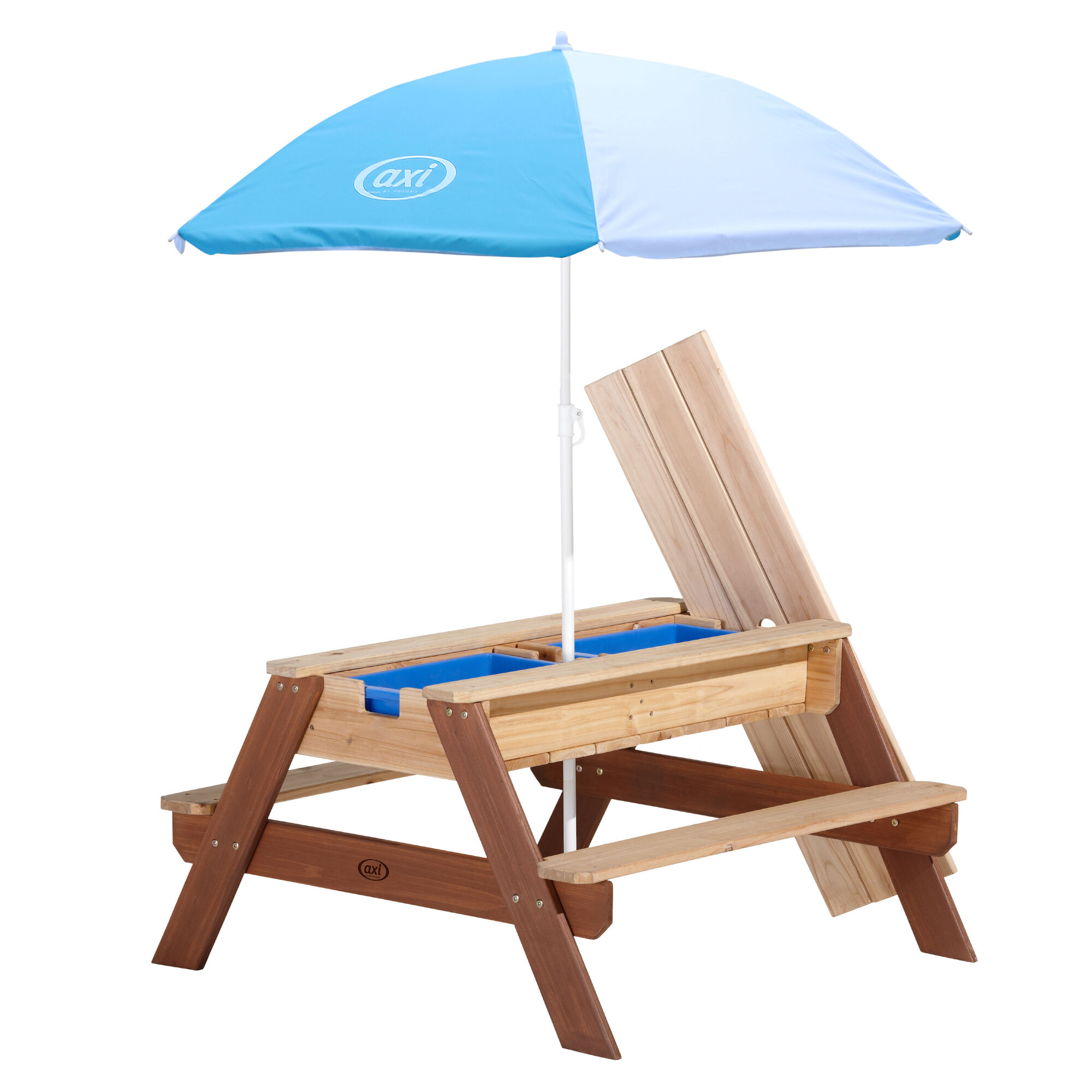 AXI Nick Zand & Water Picknicktafel Bruin - Parasol Blauw/wit - FSC Hout