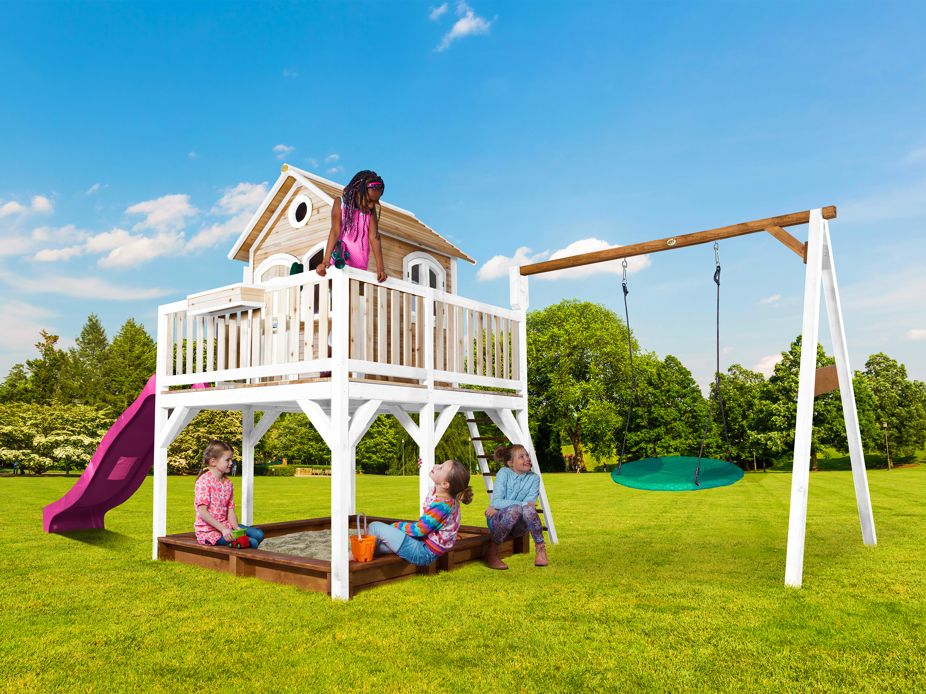 AXI Liam Playhouse with Summer Nest Swing Set Brown/White - Purple Slide