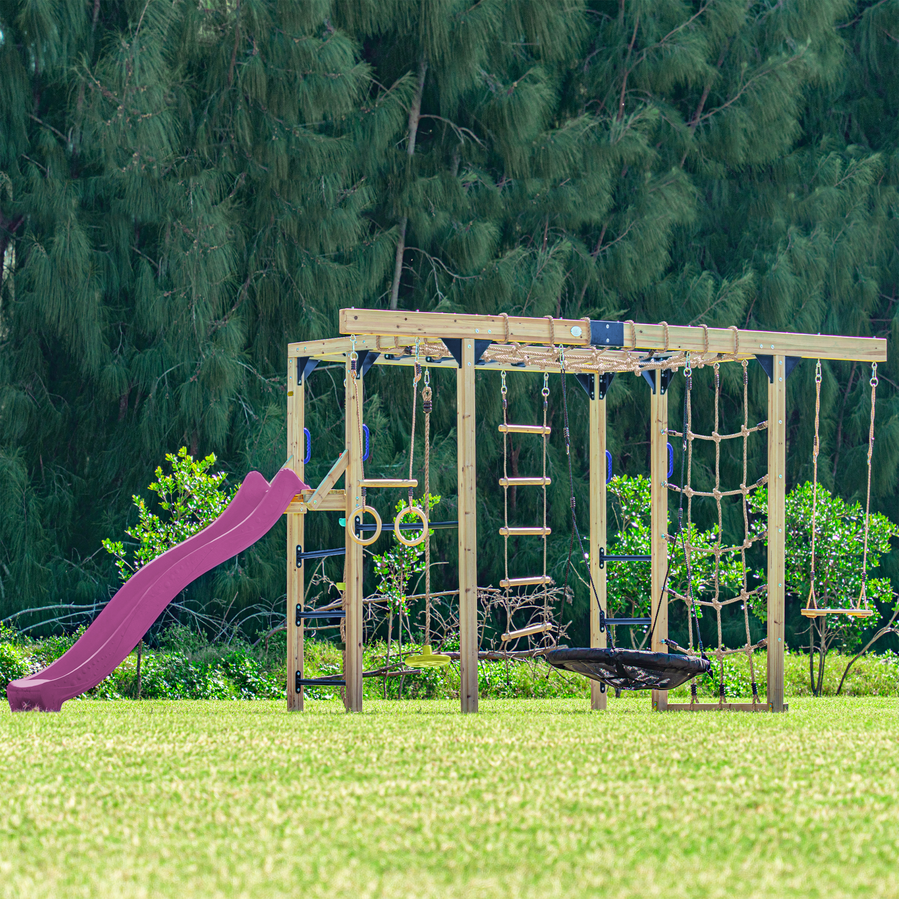 AXI Boris Wooden Playcentre with Swings. Trapeze. Climbing Nets and Monkey Bars – Purple Slide-8720365066665 AXI Boris Wooden Playcentre with Swings. Trapeze. Climbing Nets and Monkey Bars – Purple Slide