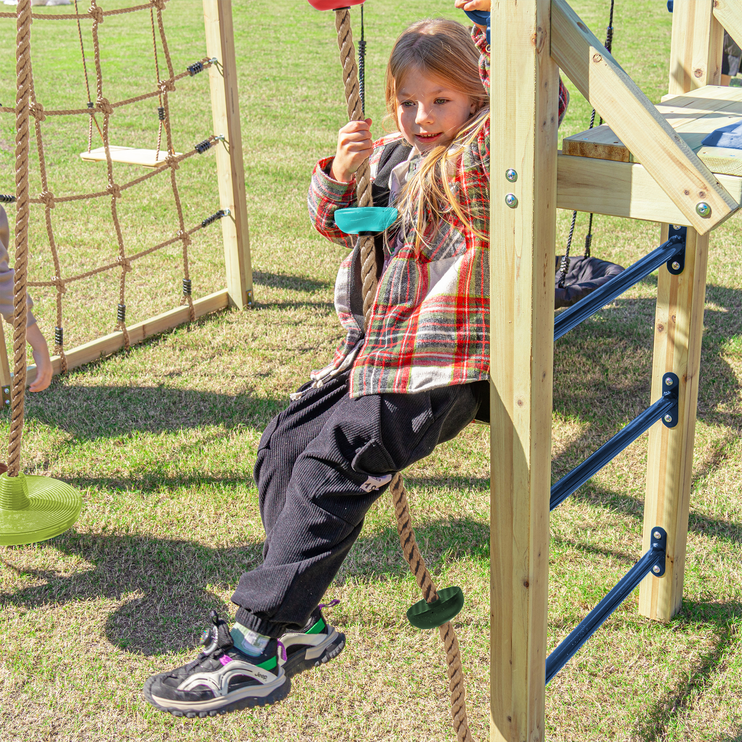 AXI Boris Wooden Playcentre with Swings. Trapeze. Climbing Nets and Monkey Bars – Blue Slide-8720365066658 AXI Boris Wooden Playcentre with Swings. Trapeze. Climbing Nets and Monkey Bars – Blue Slide
