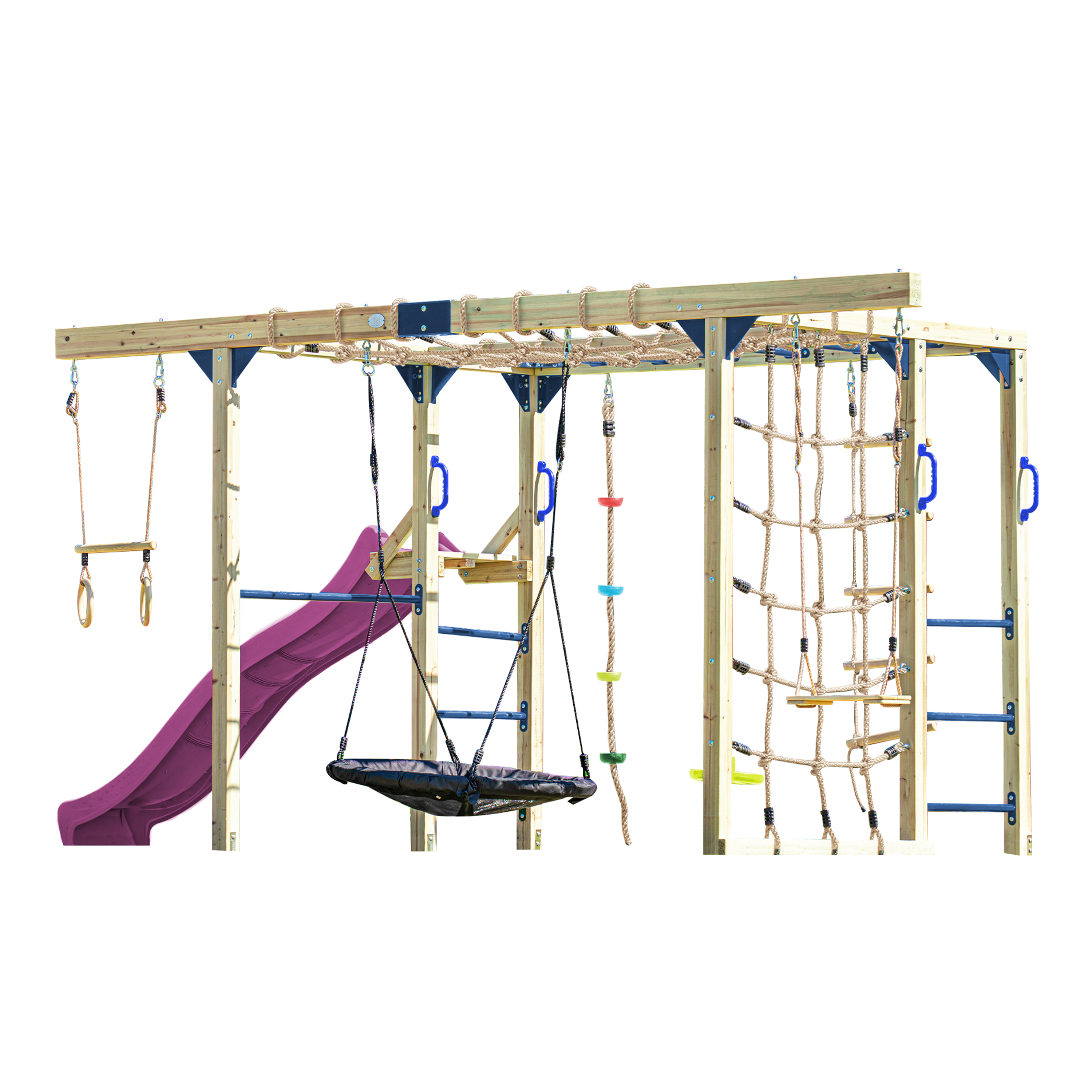AXI Boris Wooden Playcentre with Swings. Trapeze. Climbing Nets and Monkey Bars – Purple Slide-8720365066665 AXI Boris Wooden Playcentre with Swings. Trapeze. Climbing Nets and Monkey Bars – Purple Slide
