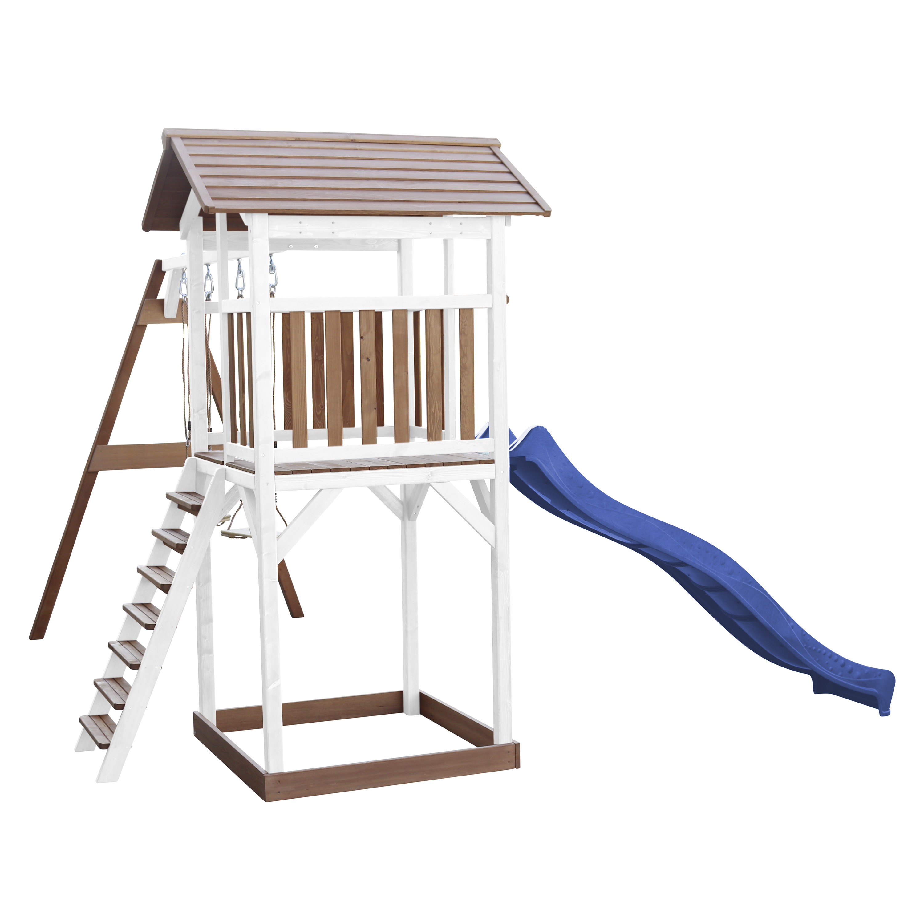 AXI Beach Tower with Double Swing Set Brown/White - Blue Slide-8717973939207 AXI Beach Tower with Double Swing Set Brown/White - Blue Slide