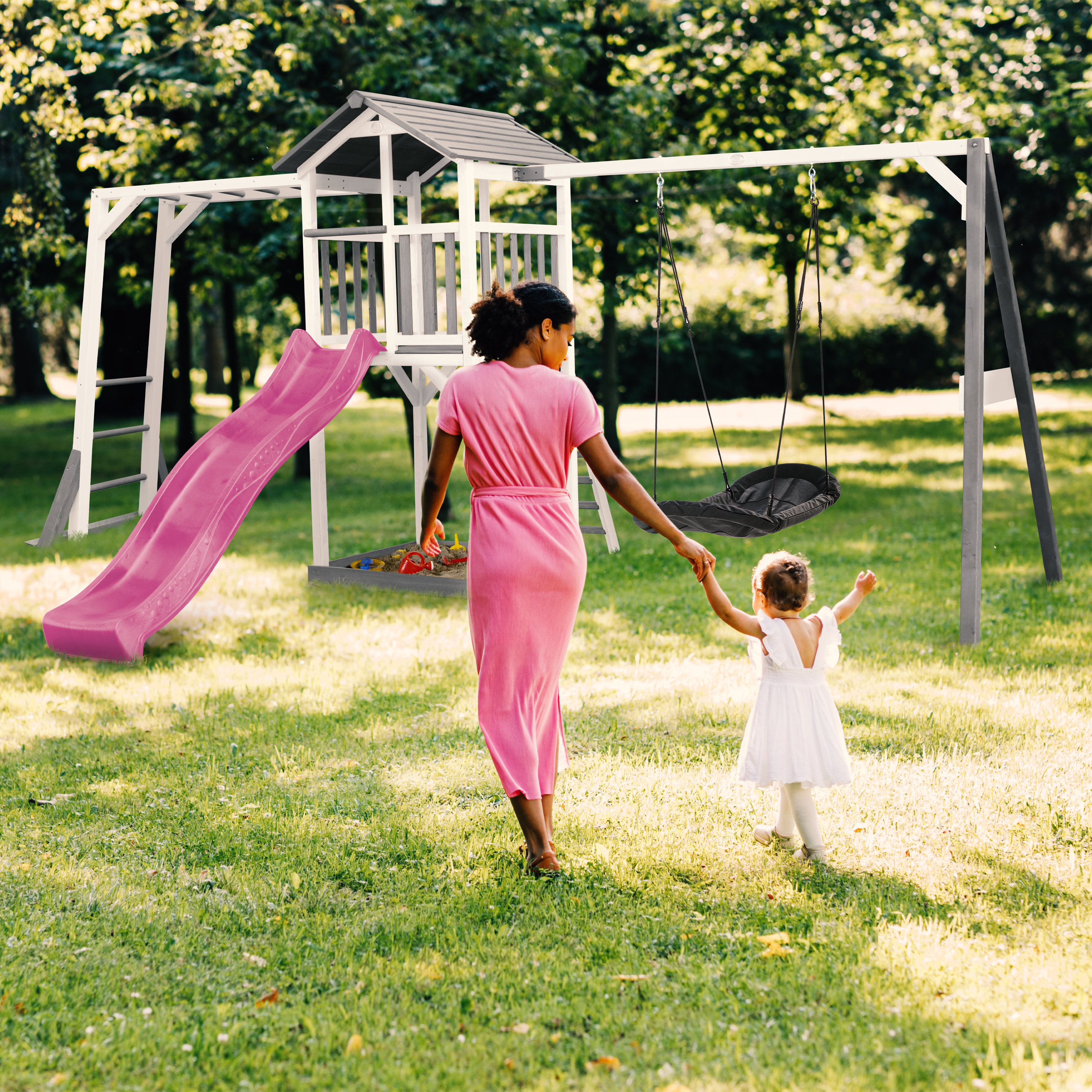 AXI Beach Tower with Climbing Frame and Roxy Nest Swing Set Grey/White - Purple Slide