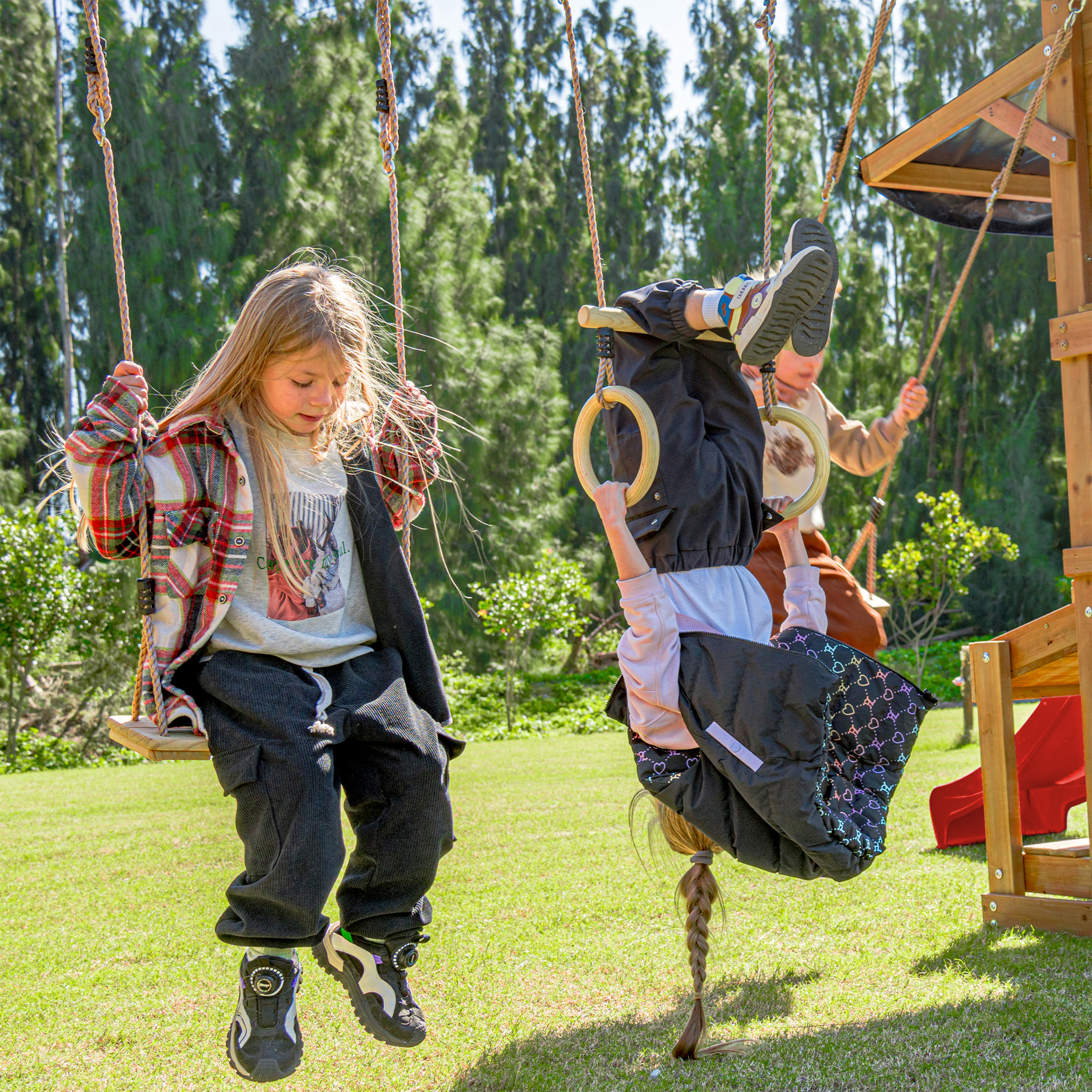 AXI Mitch Climbing Frame with Double Swing. Trapeze and Lookout Tower – Red Slide