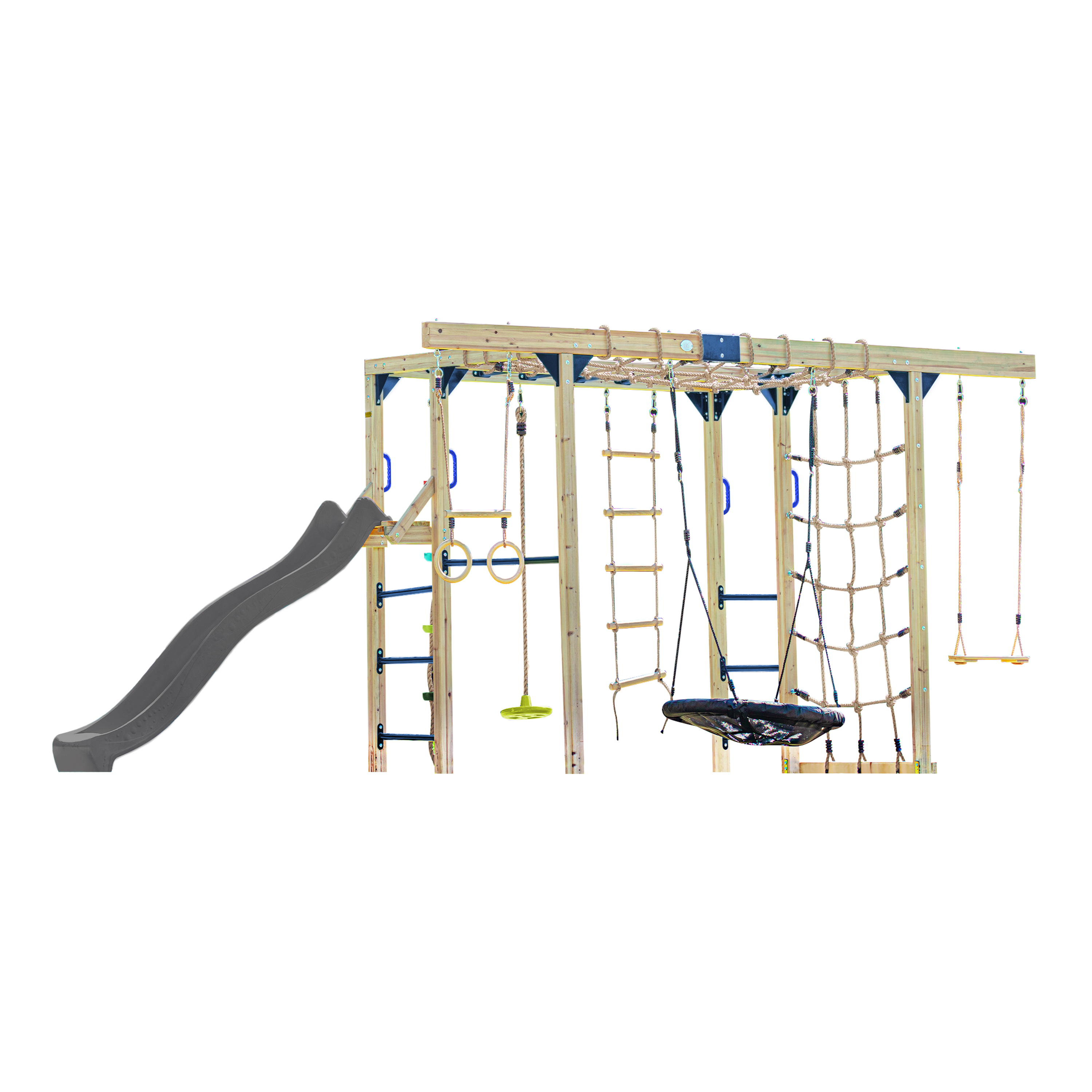 AXI Boris Wooden Playcentre with Swings. Trapeze. Climbing Nets and Monkey Bars – Grey Slide