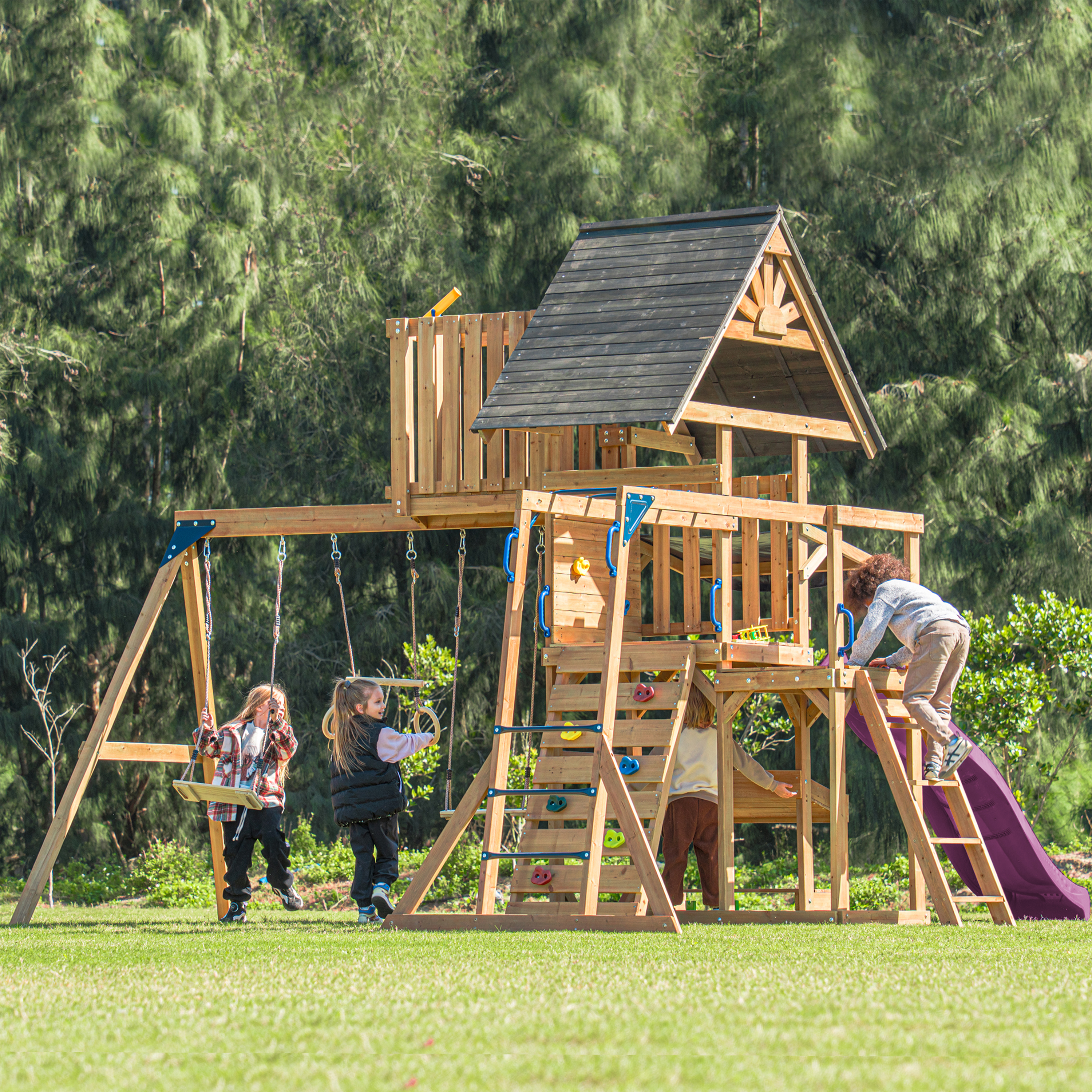 AXI Mitch Climbing Frame with Double Swing, Trapeze and Lookout Tower – Purple Slide