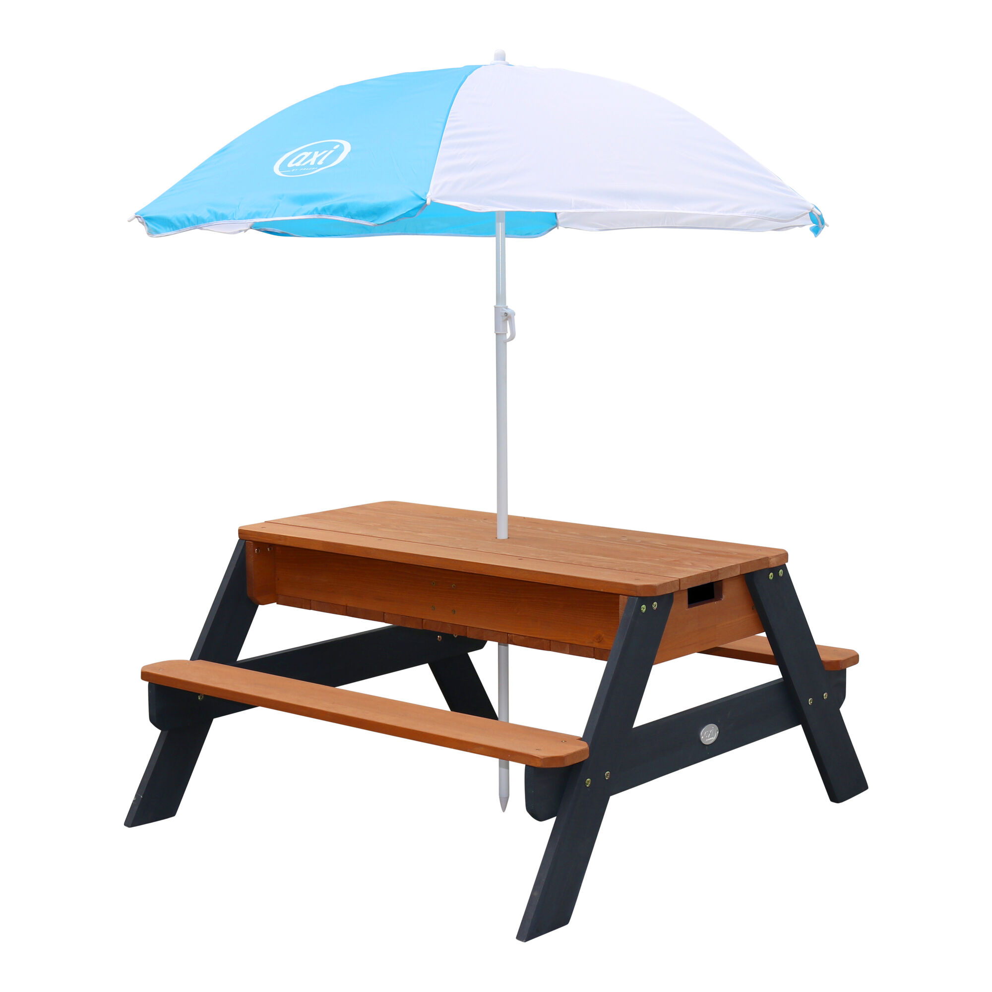 AXI Nick Zand & Water Picknicktafel Antraciet/bruin - Parasol Blauw/wit