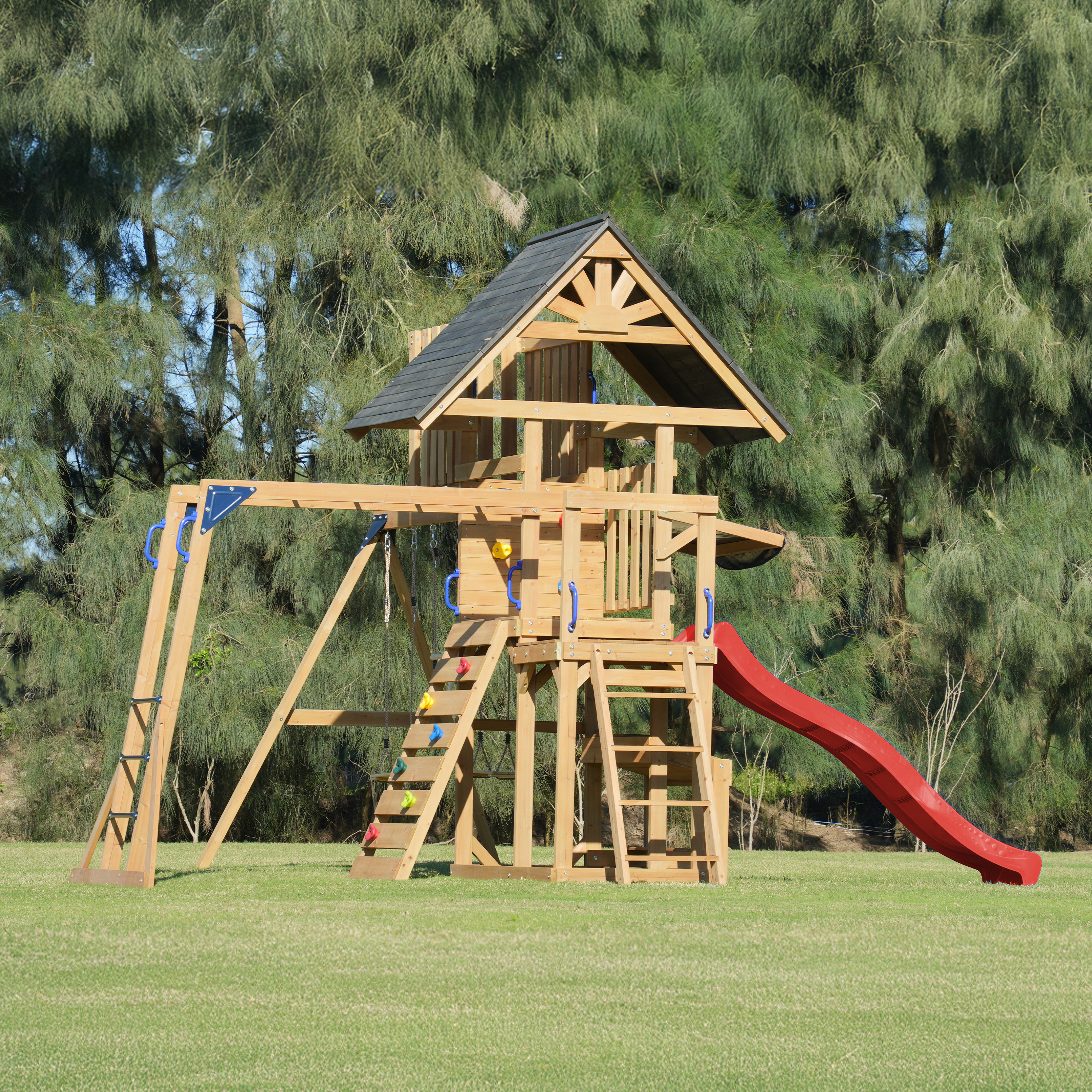AXI Mitch Climbing Frame with Double Swing. Trapeze and Lookout Tower – Red Slide