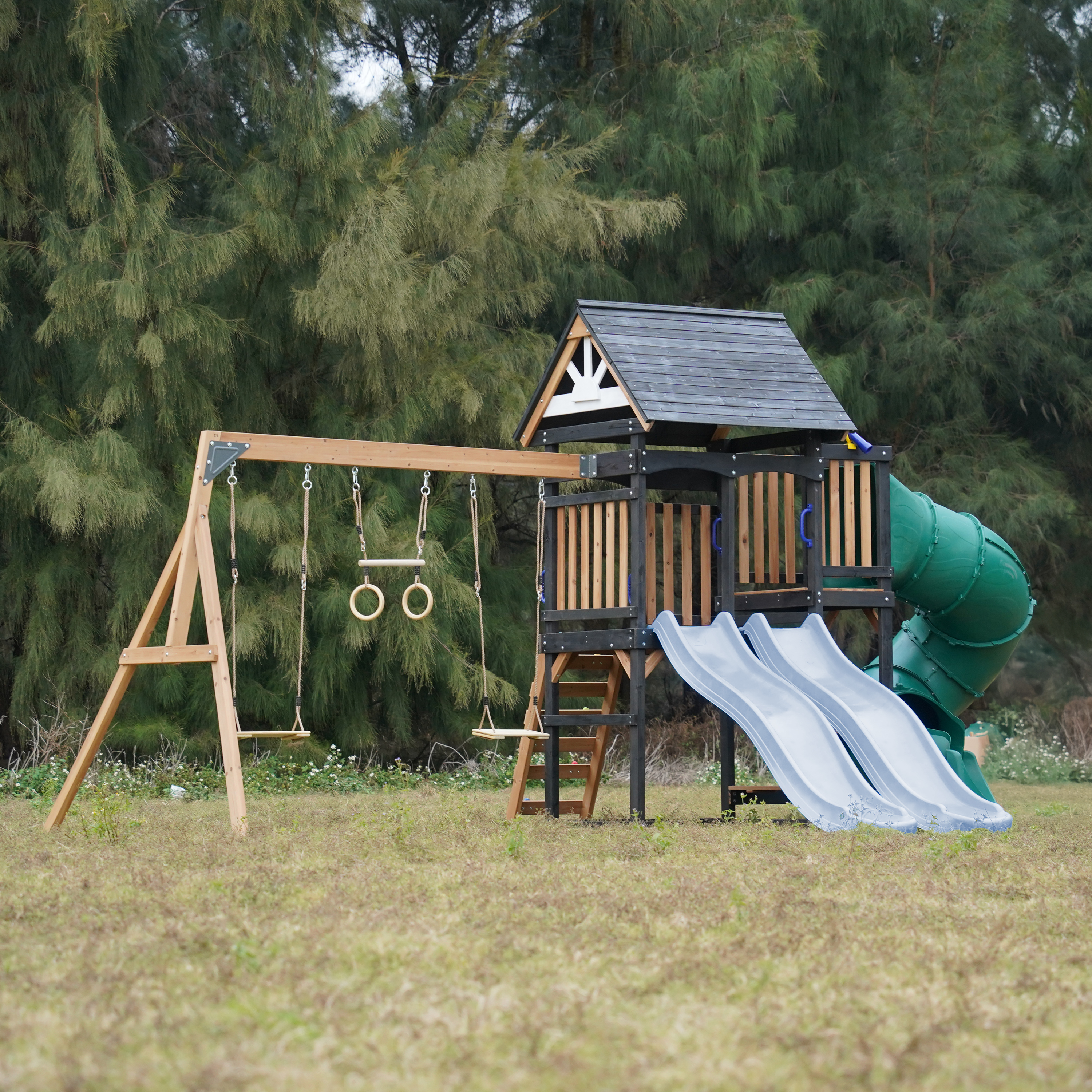 AXI Cody Climbing Frame with Swings, Trapeze and Climbing Wall – Pastel Blue Double Slide and Tube Slide