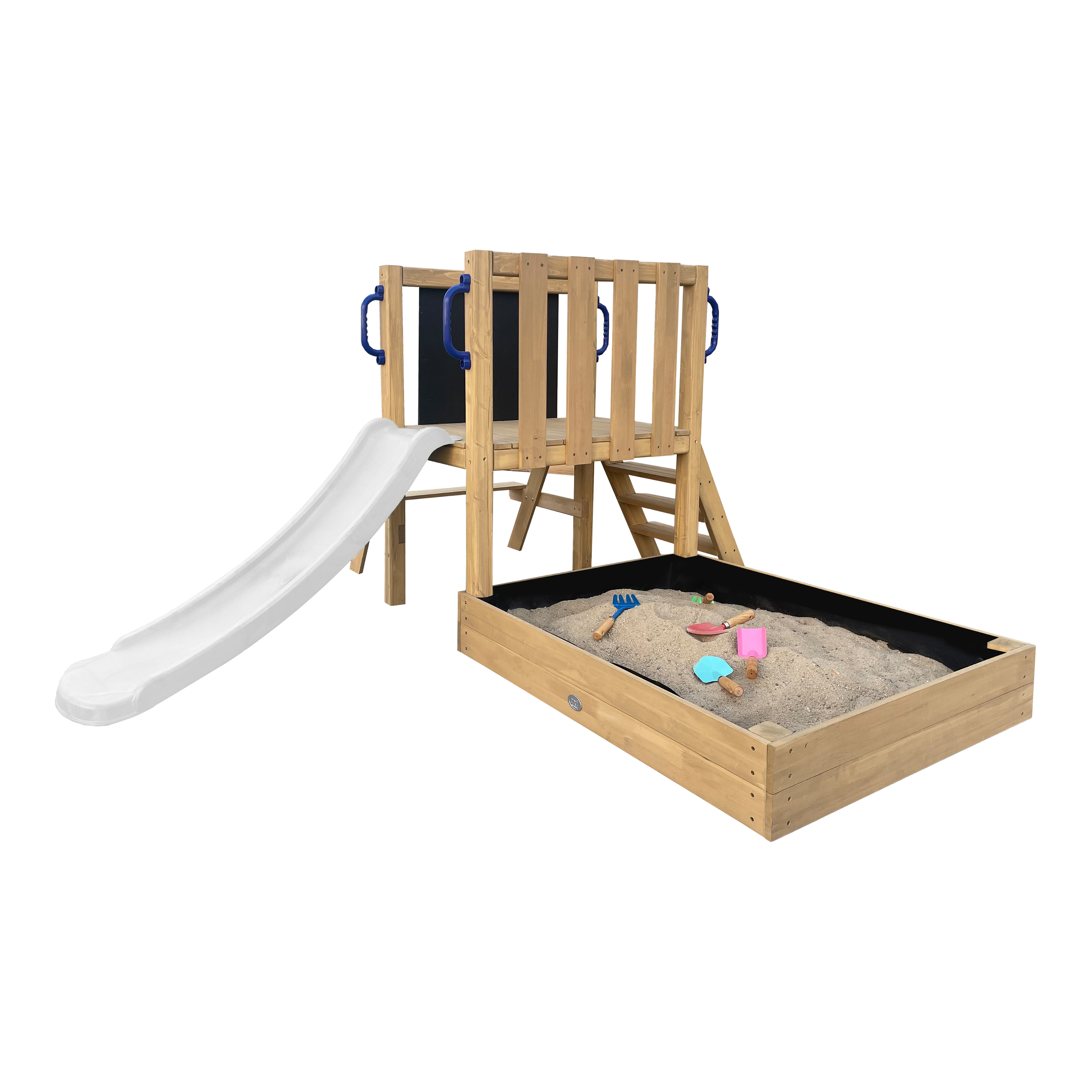 AXI Leah Mini Wooden Playtower with Sandbox, Picnic Table & Chalkboard – White Slide