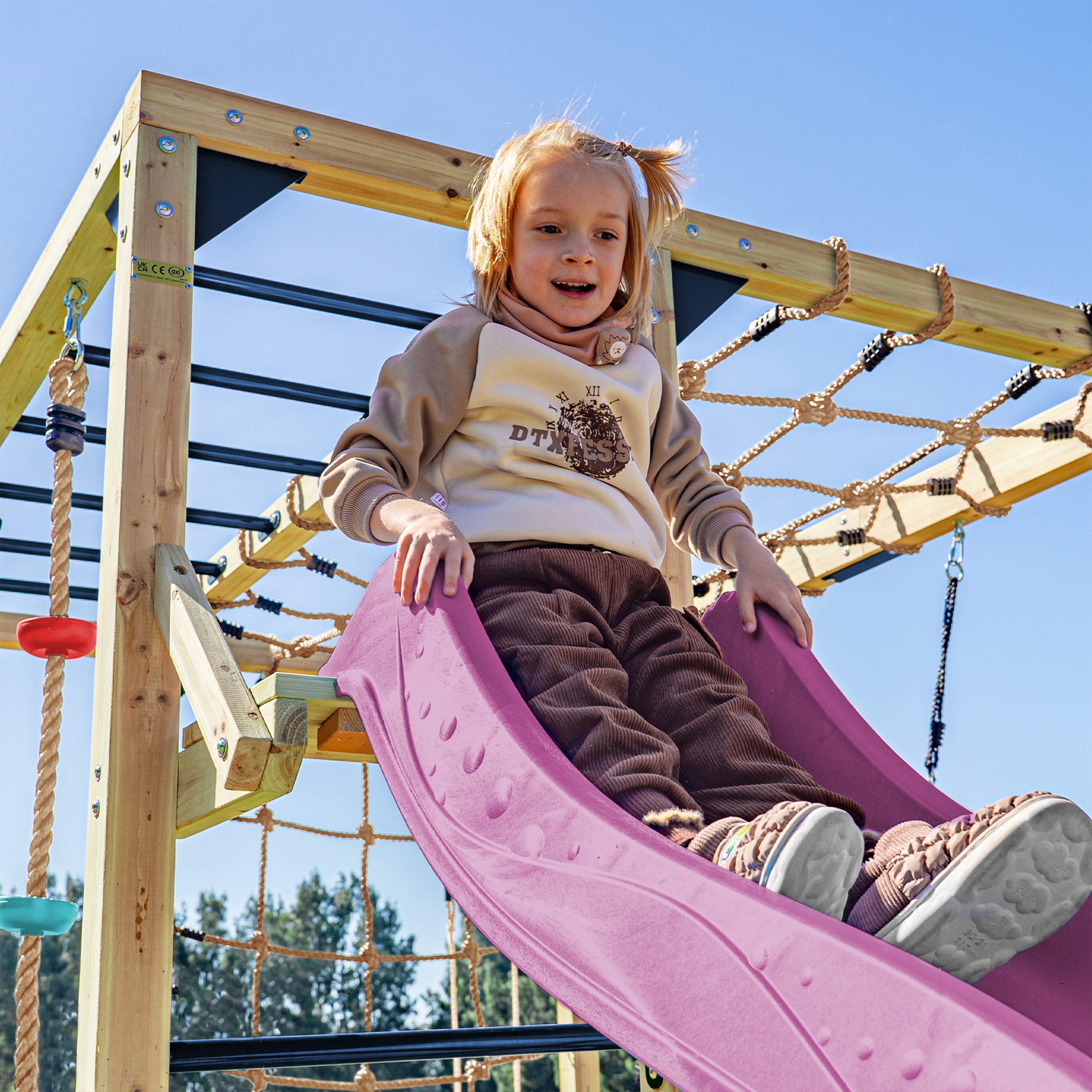 AXI Boris Wooden Playcentre with Swings. Trapeze. Climbing Nets and Monkey Bars – Purple Slide-8720365066665 AXI Boris Wooden Playcentre with Swings. Trapeze. Climbing Nets and Monkey Bars – Purple Slide