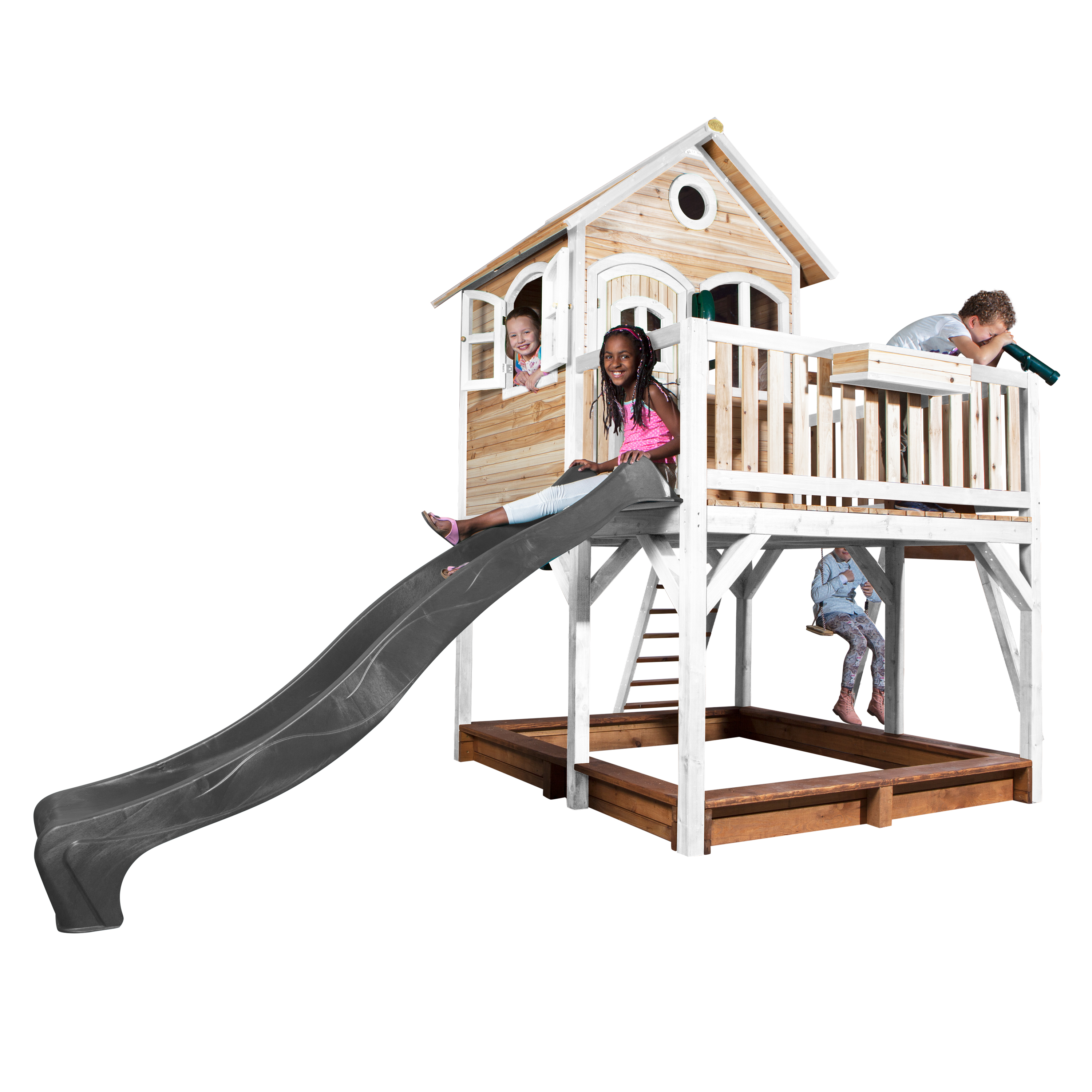 AXI Liam Playhouse with Double Swing Set Brown/White - Grey Slide